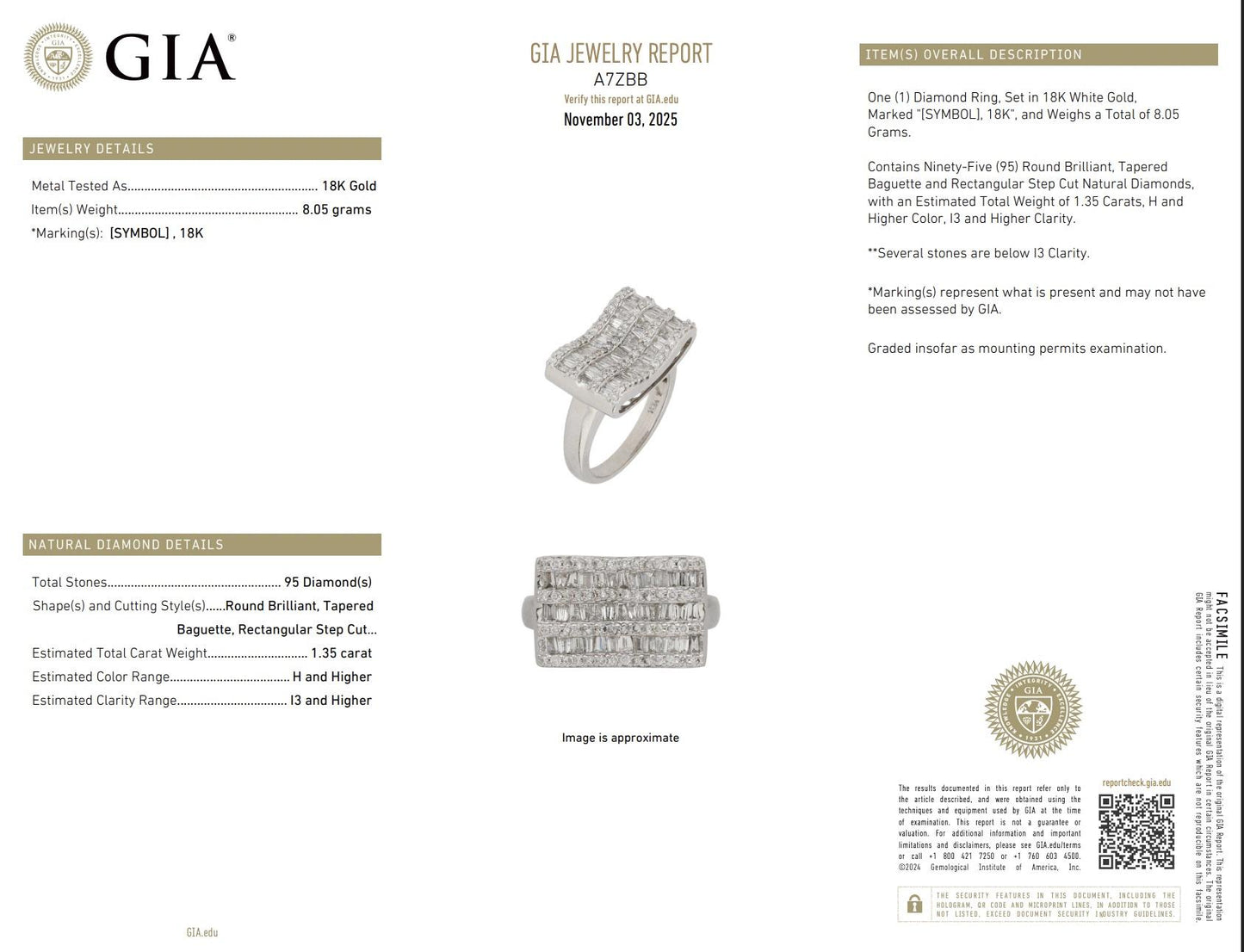 18K White Gold Diamond Ring 1.35 TCW Ring Size 7 GIA Certified