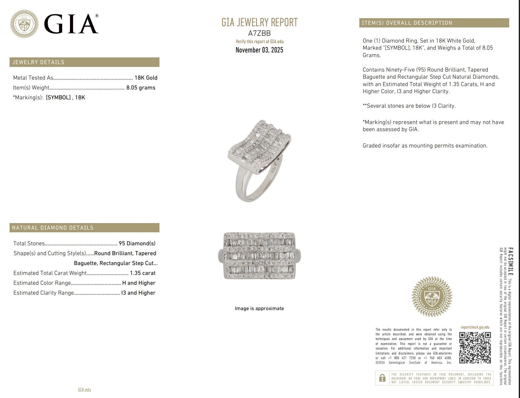 18K White Gold Diamond Ring 1.35 TCW Ring Size 7 GIA Certified
