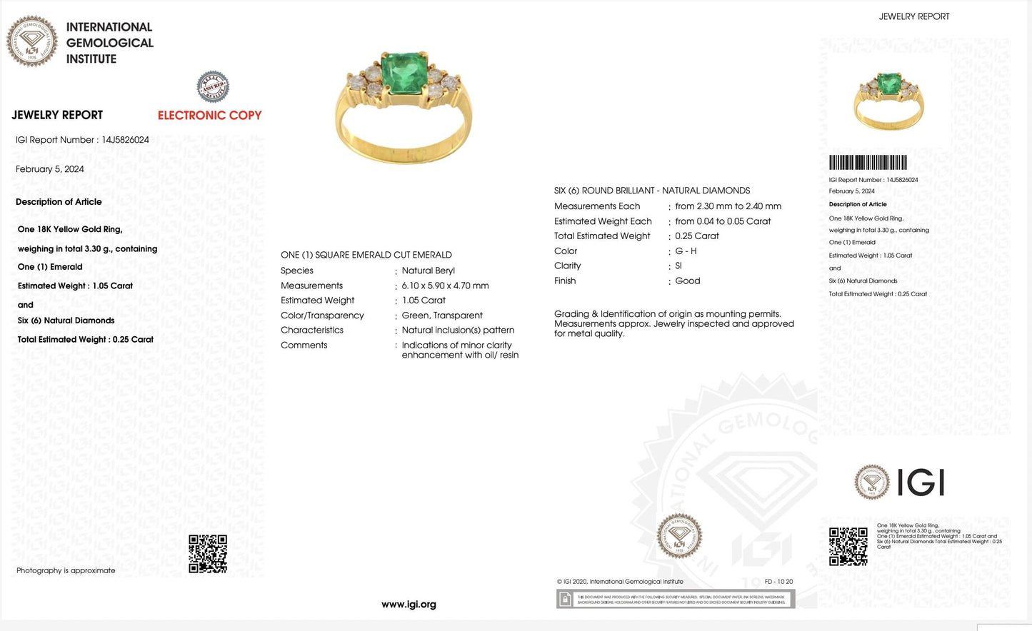 IGI Certified 18K Yellow Gold Emerald & Diamond Ring – 1.05ct Emerald, Size 5.75