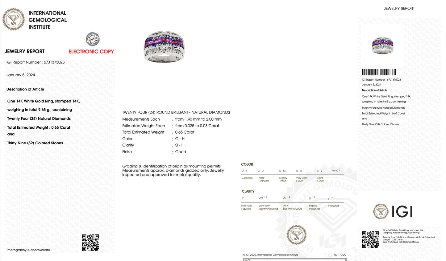 IGI Certified 14K White Gold Multi-Color Gemstone & Diamond Ring Size 8