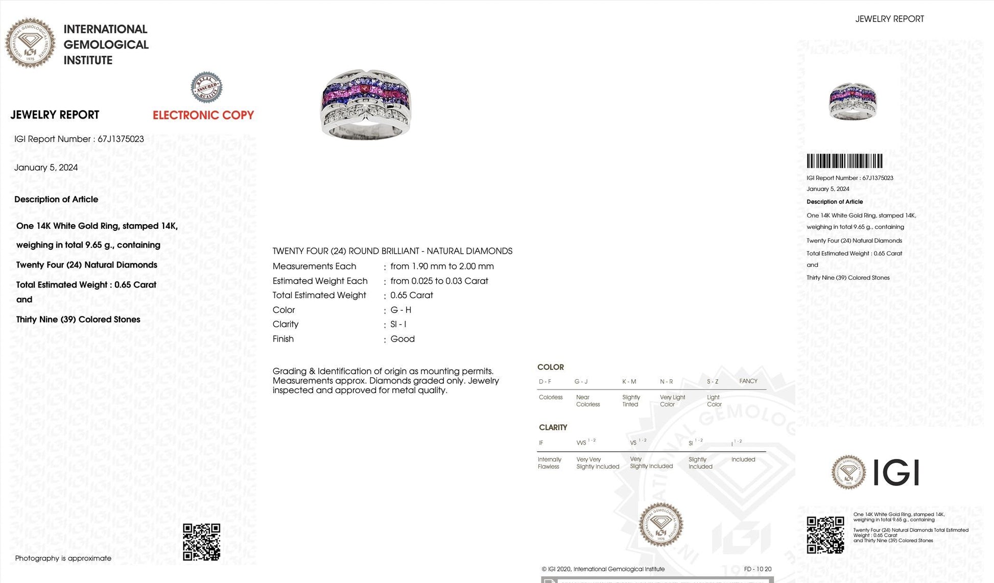 IGI Certified 14K White Gold Multi-Color Gemstone & Diamond Ring Size 8