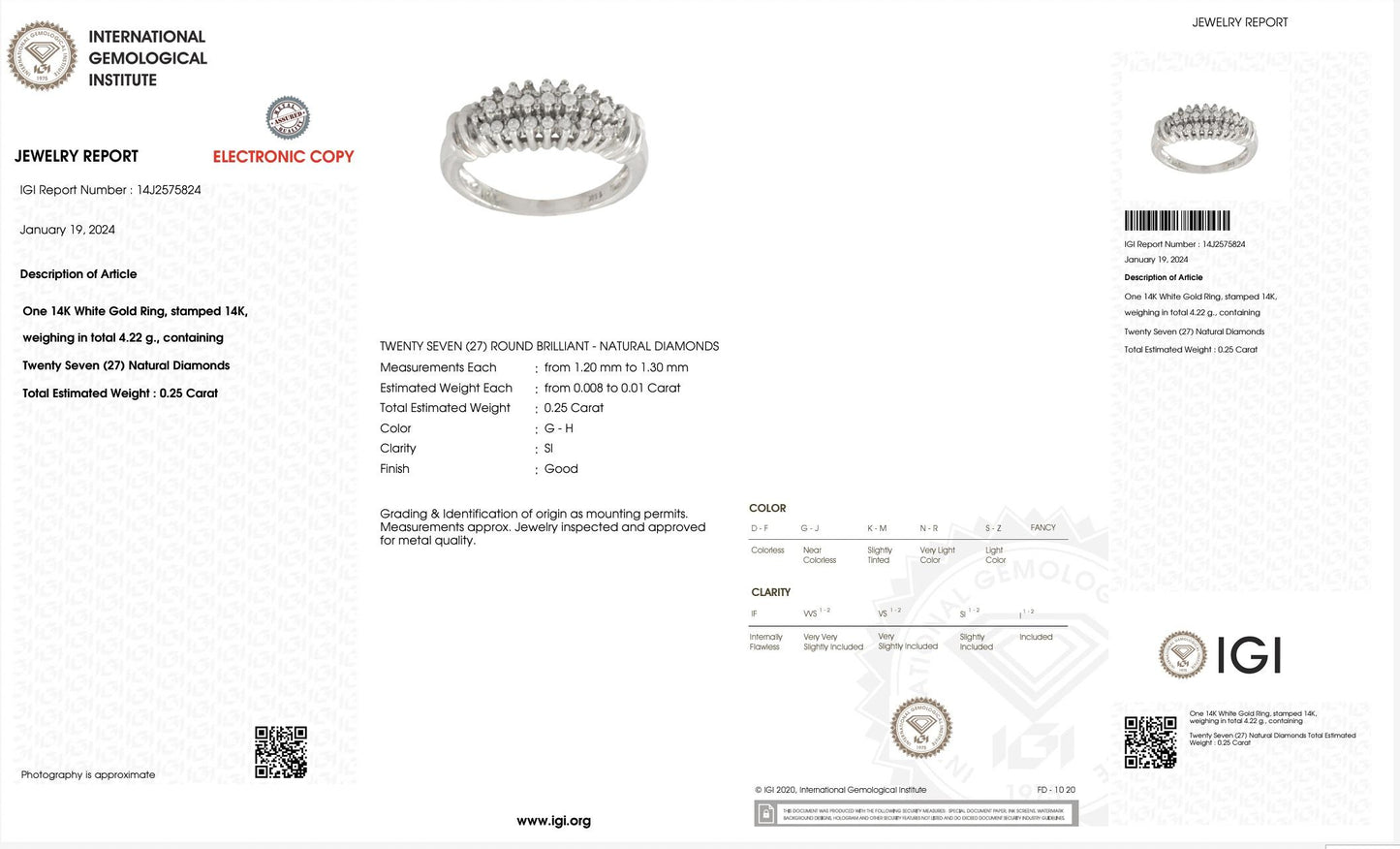 IGI Certified 14K White Gold Diamond Band – 0.25ct, 27 Natural Diamonds Size 4