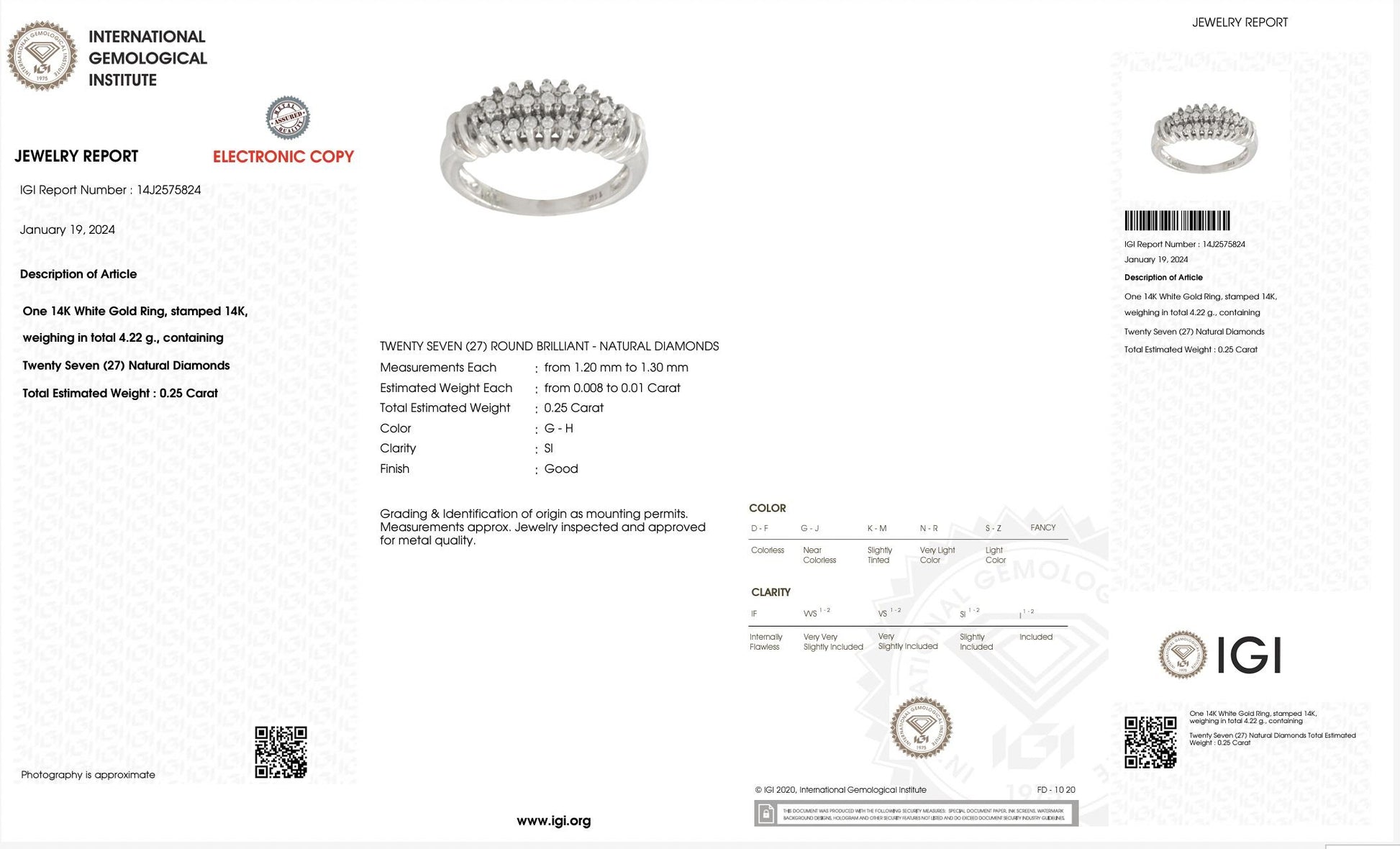 IGI Certified 14K White Gold Diamond Band – 0.25ct, 27 Natural Diamonds Size 4