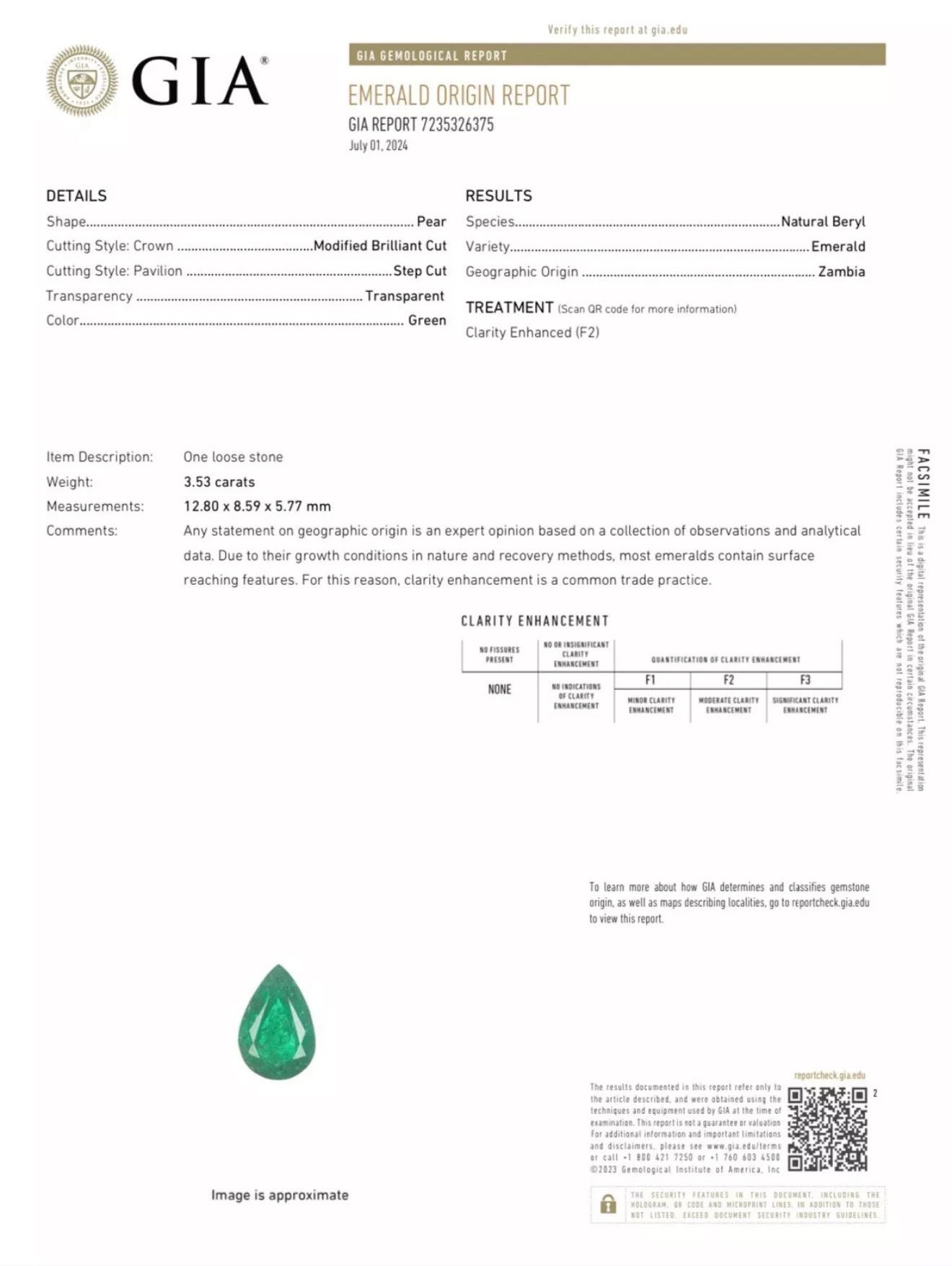 Exceptional Deep Green Natural Emerald Pear Shape Stone GIA Certified 3.53 Carat