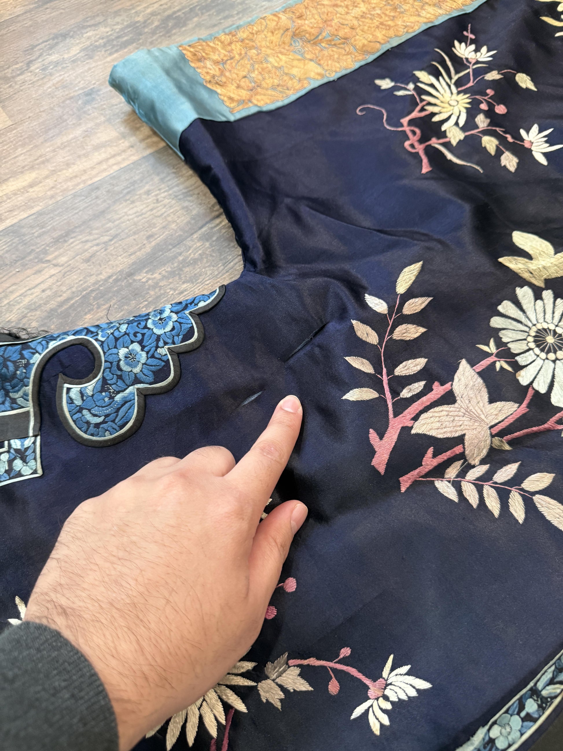 Late Qing Dynasty Silk Satin Robe with Couching and Satin Stitch Embroidery