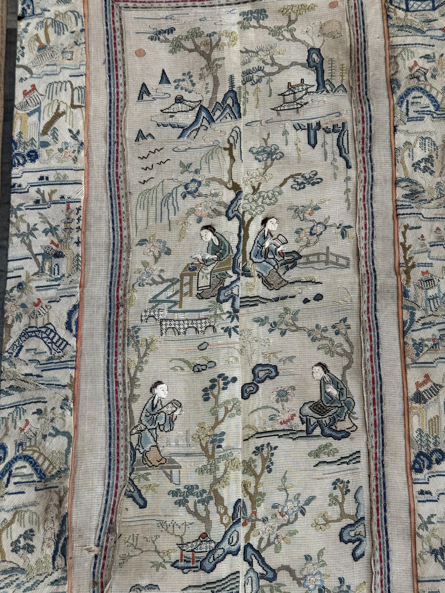 Late Qing Dynasty Silk Gauze Panels with Forbidden Stitch and Satin Stitch