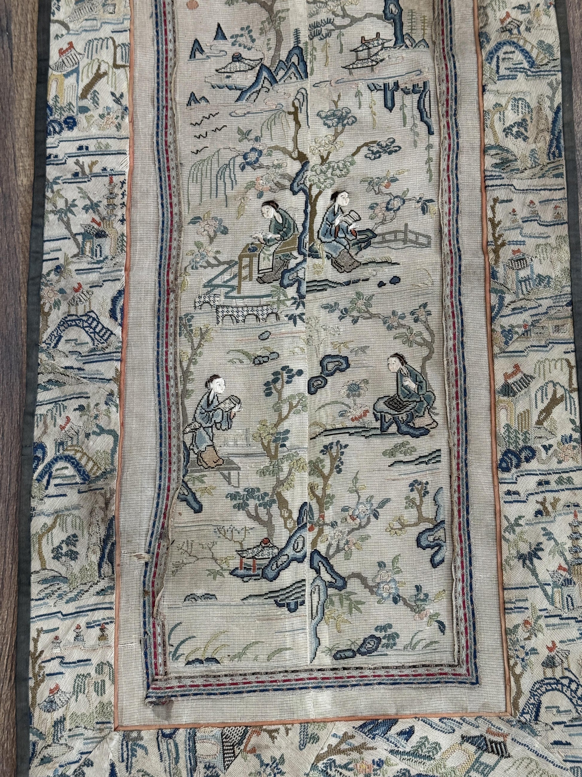 Late Qing Dynasty Silk Gauze Panels with Forbidden Stitch and Satin Stitch