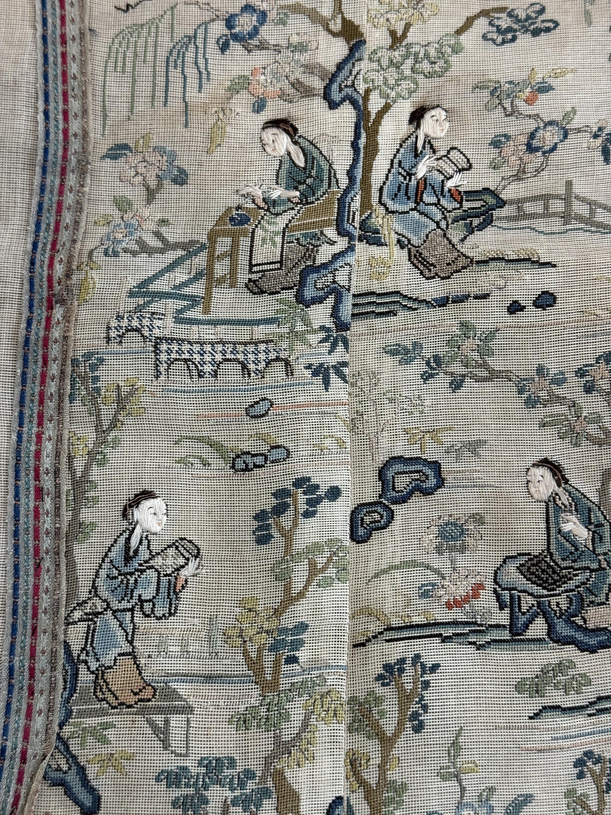 Late Qing Dynasty Silk Gauze Panels with Forbidden Stitch and Satin Stitch