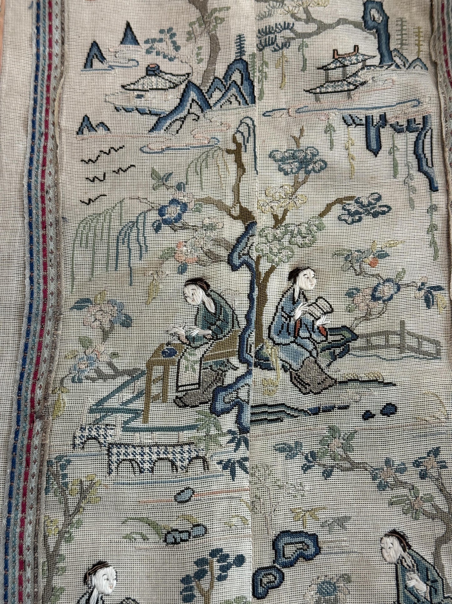 Late Qing Dynasty Silk Gauze Panels with Forbidden Stitch and Satin Stitch