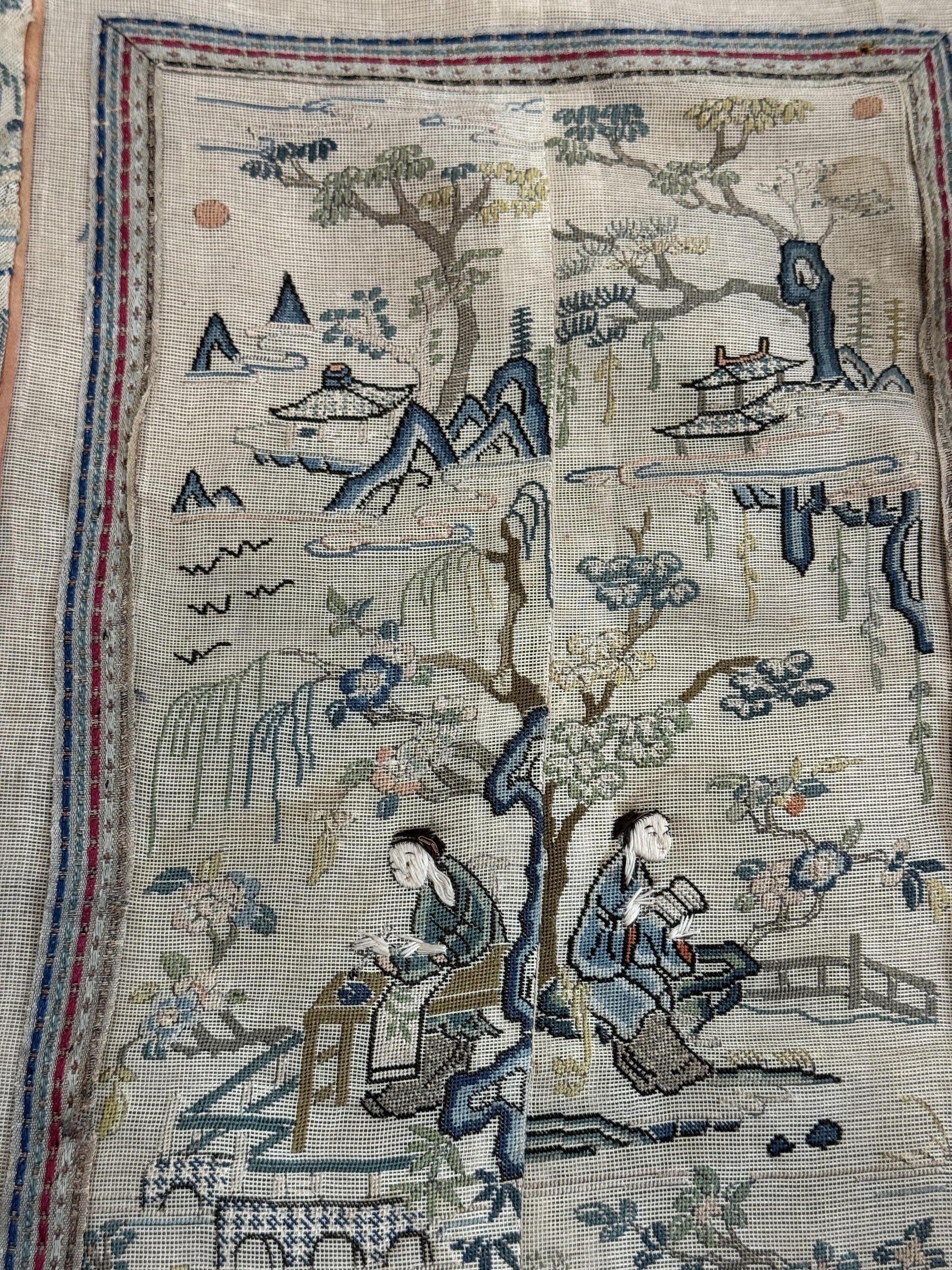 Late Qing Dynasty Silk Gauze Panels with Forbidden Stitch and Satin Stitch