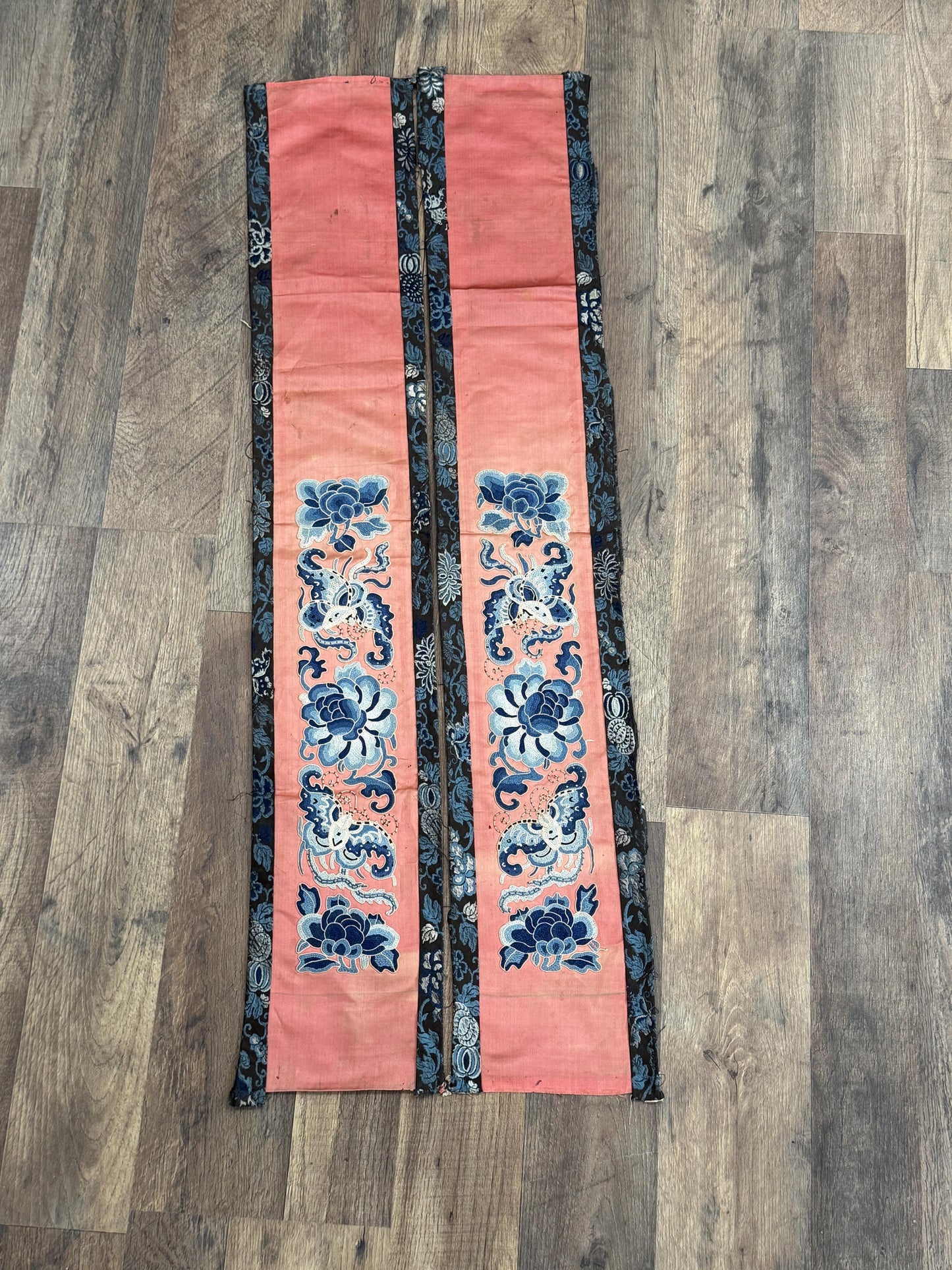 Late Qing Dynasty Silk Embroidery Sleeve Cuffs on Salmon-Pink Satin