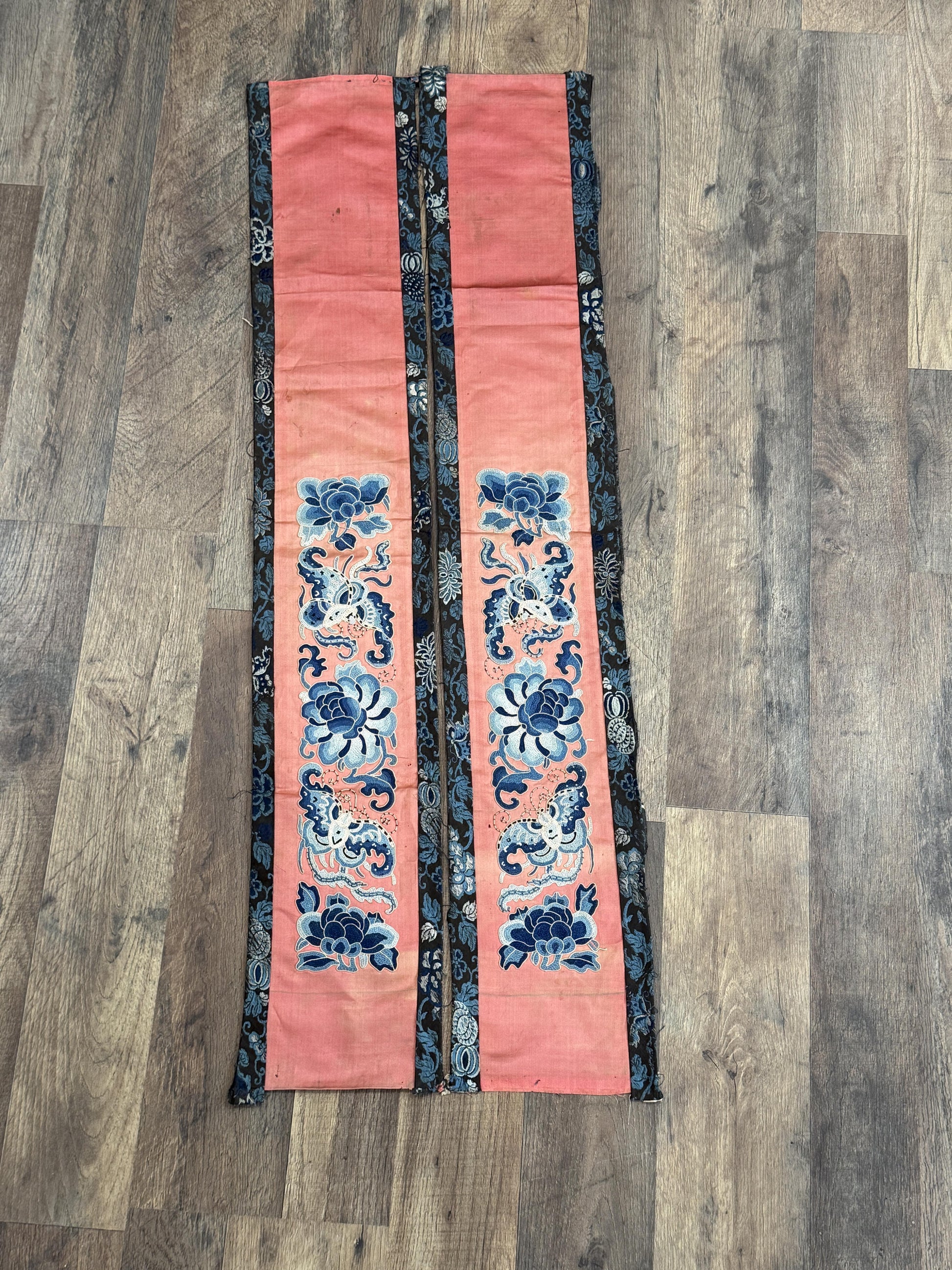 Late Qing Dynasty Silk Embroidery Sleeve Cuffs on Salmon-Pink Satin
