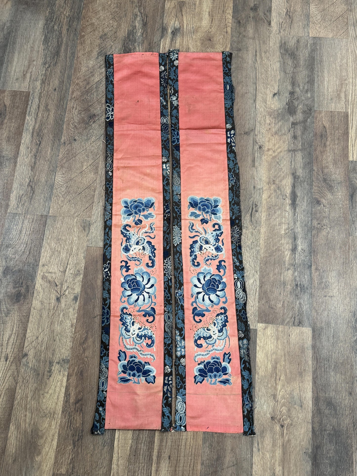 Late Qing Dynasty Silk Embroidery Sleeve Cuffs on Salmon-Pink Satin