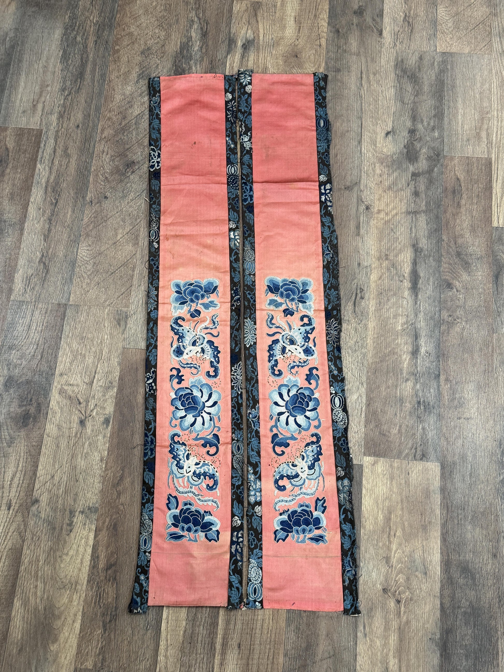 Late Qing Dynasty Silk Embroidery Sleeve Cuffs on Salmon-Pink Satin