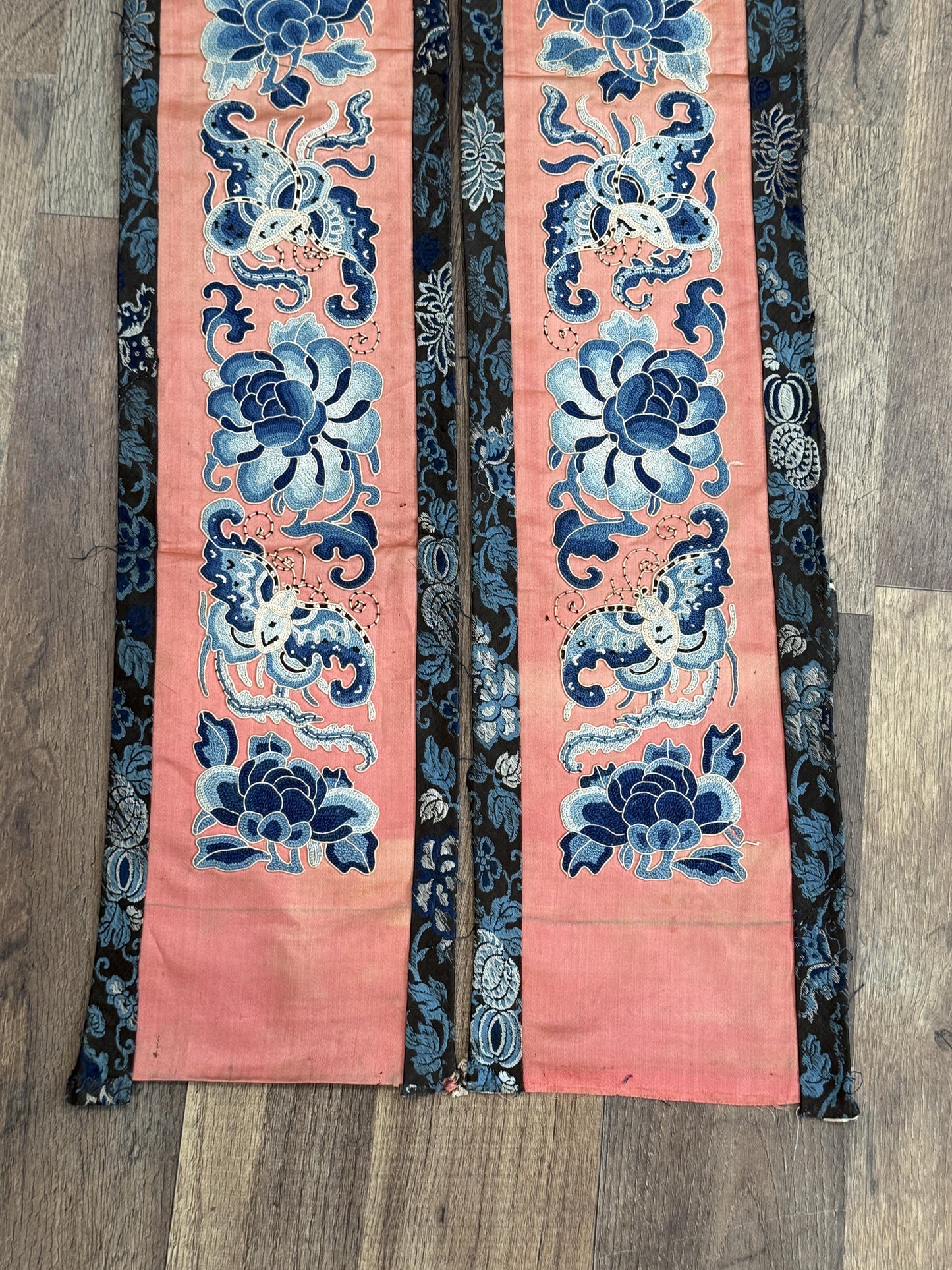 Late Qing Dynasty Silk Embroidery Sleeve Cuffs on Salmon-Pink Satin