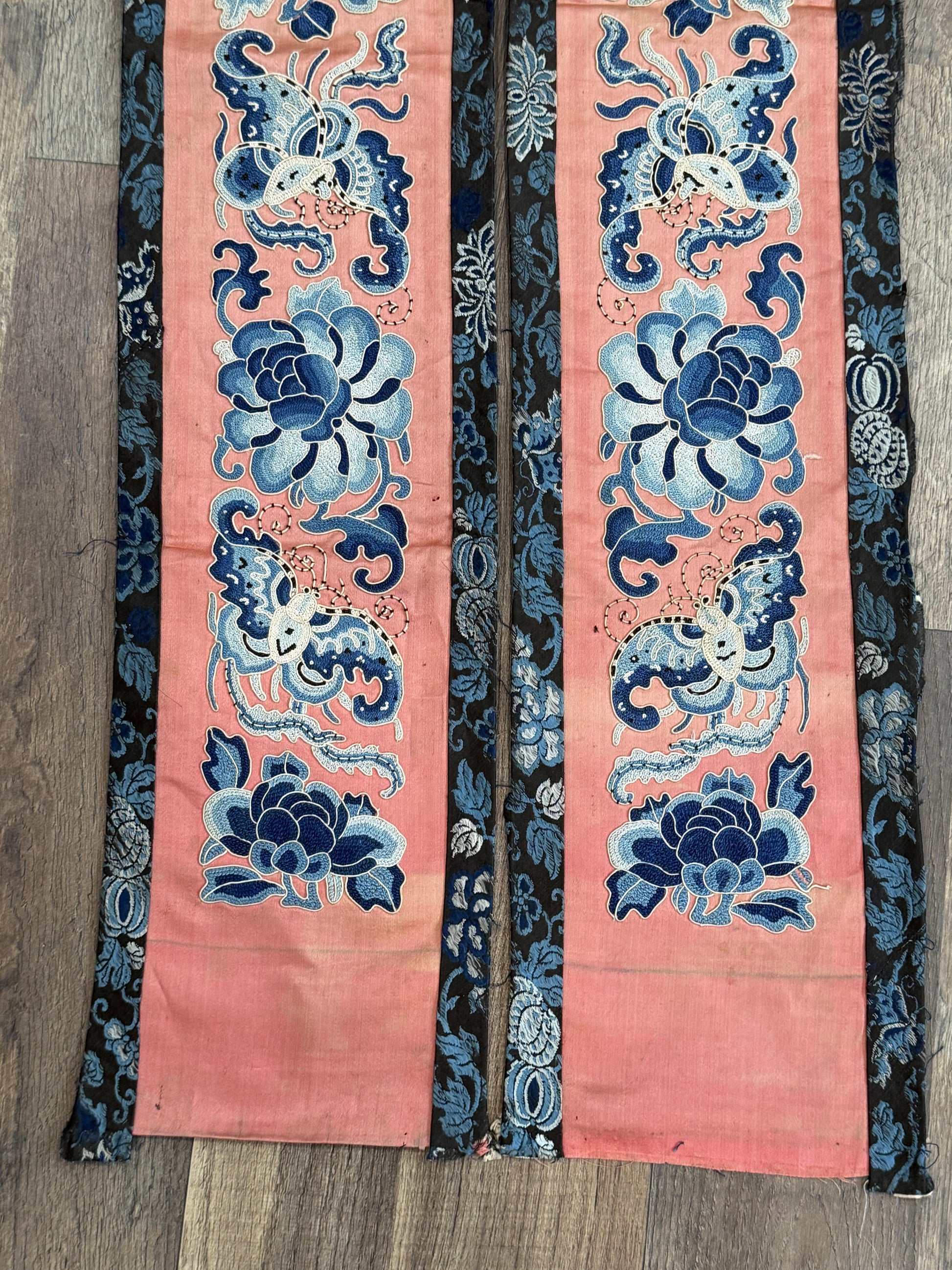 Late Qing Dynasty Silk Embroidery Sleeve Cuffs on Salmon-Pink Satin