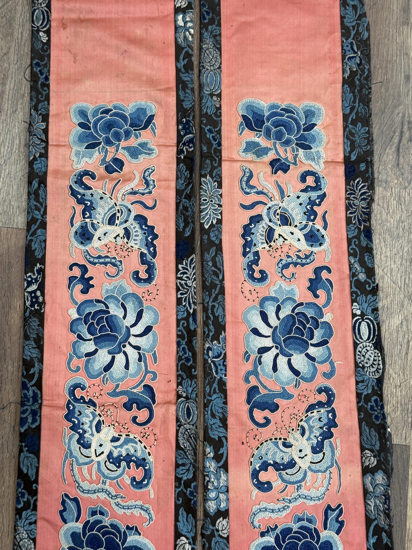 Late Qing Dynasty Silk Embroidery Sleeve Cuffs on Salmon-Pink Satin