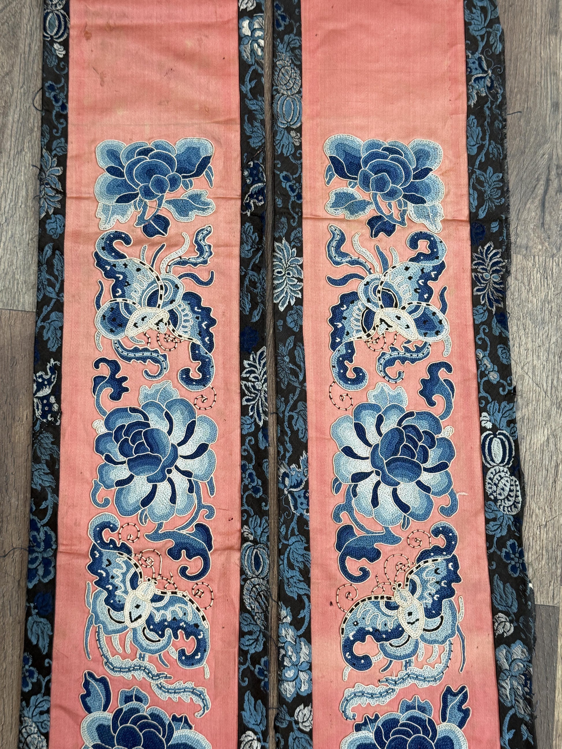 Late Qing Dynasty Silk Embroidery Sleeve Cuffs on Salmon-Pink Satin