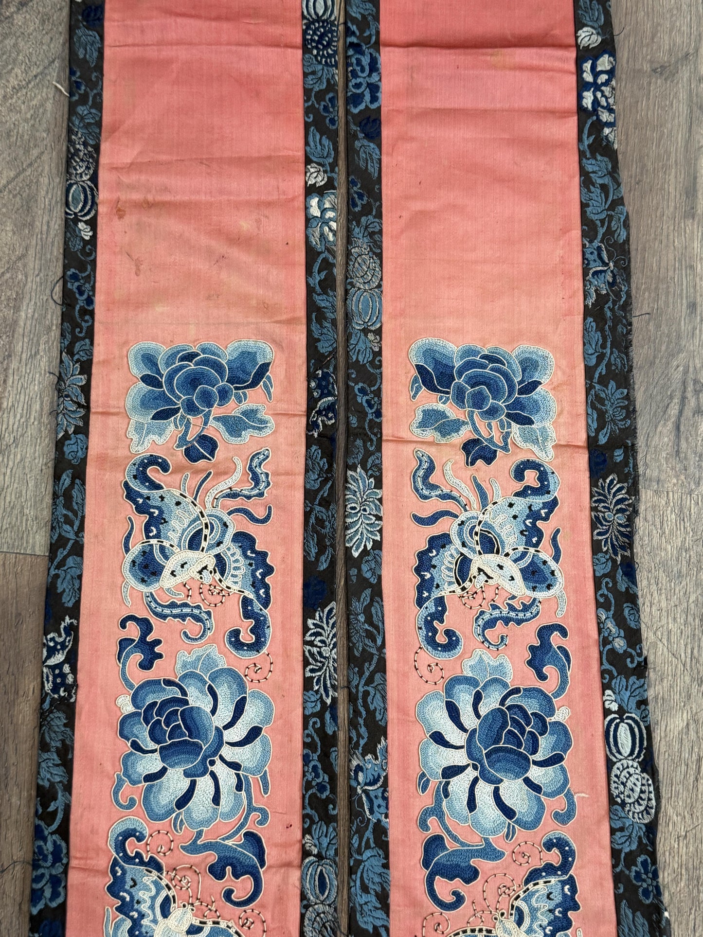 Late Qing Dynasty Silk Embroidery Sleeve Cuffs on Salmon-Pink Satin
