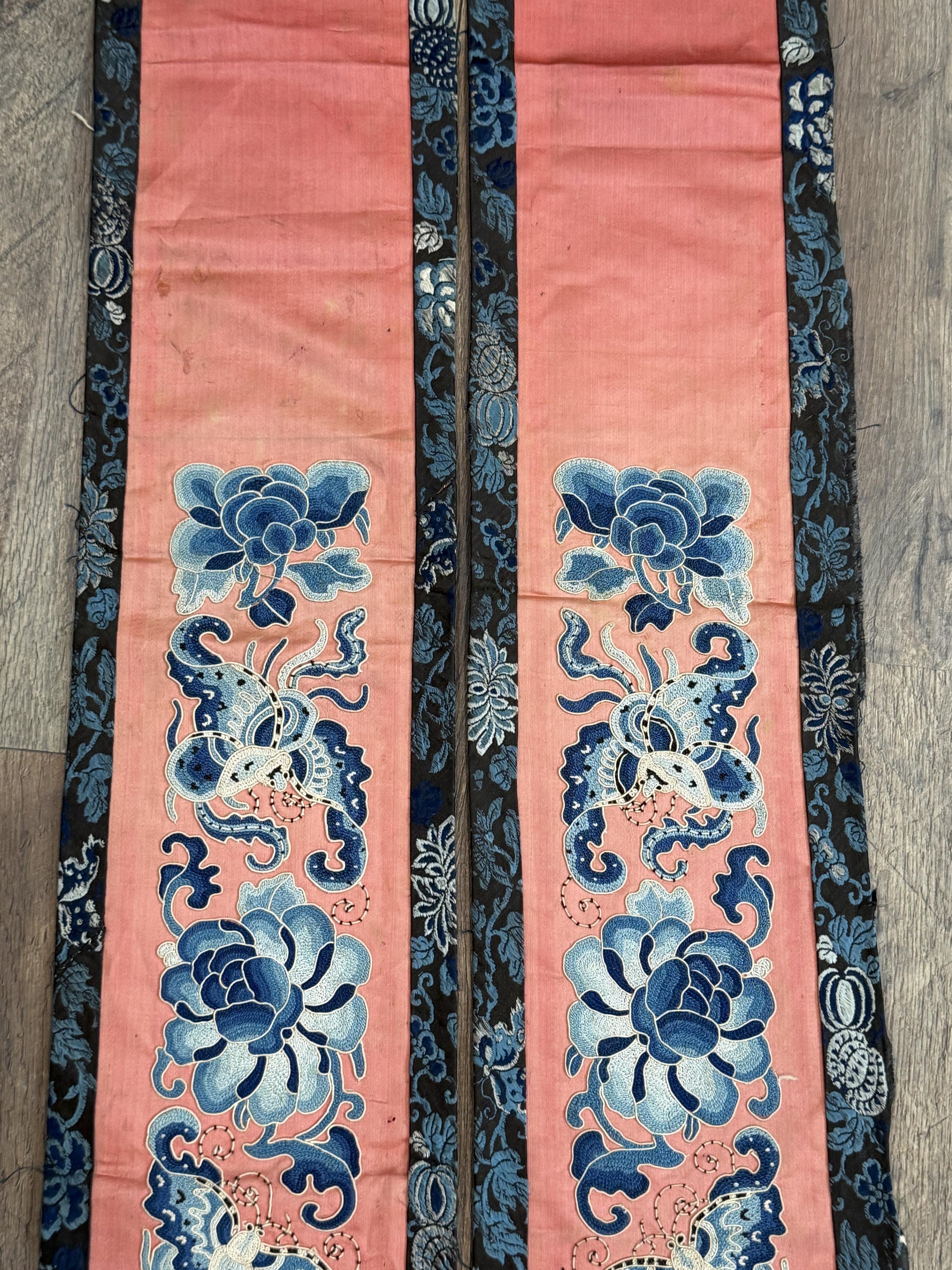 Late Qing Dynasty Silk Embroidery Sleeve Cuffs on Salmon-Pink Satin