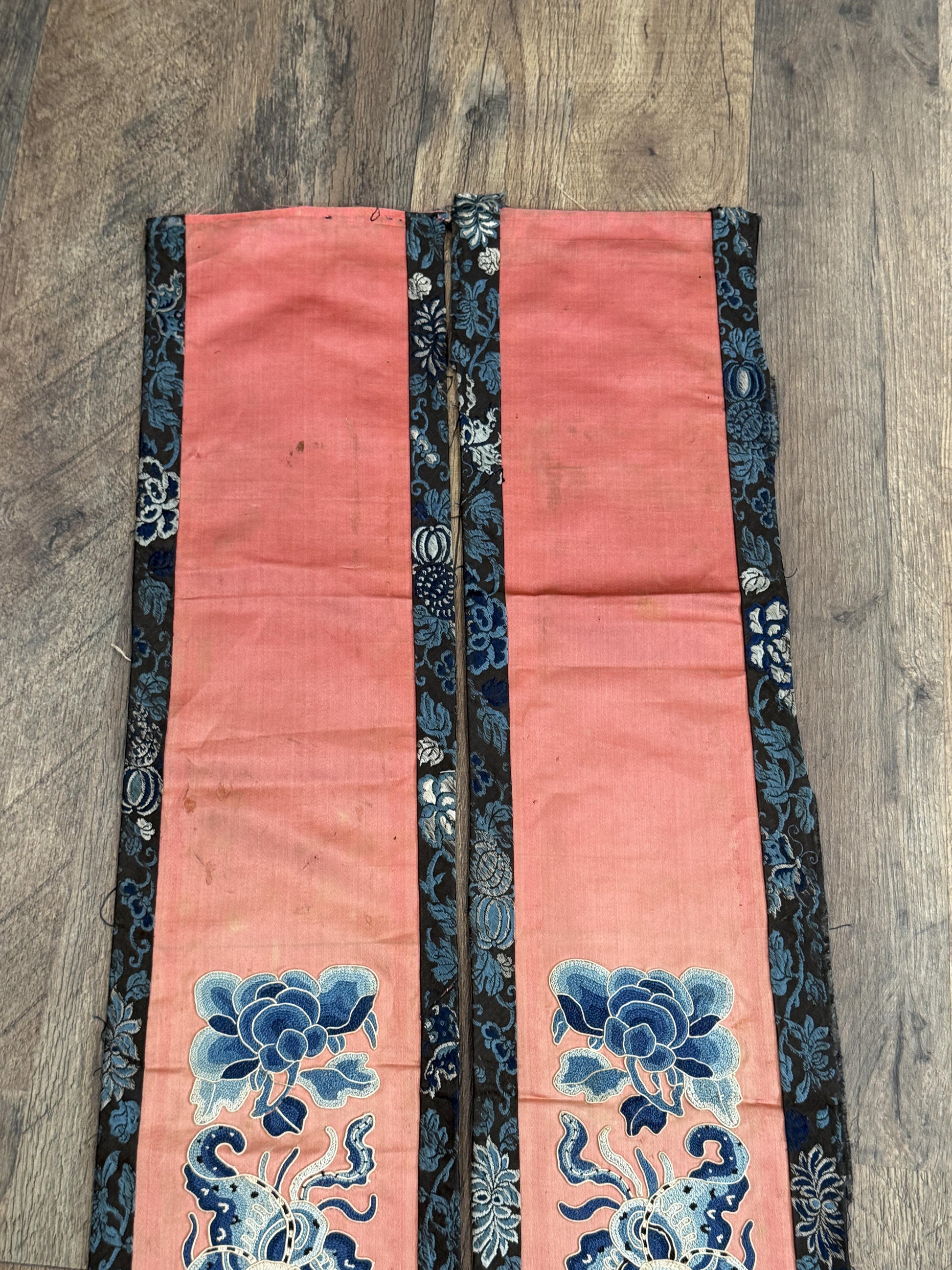 Late Qing Dynasty Silk Embroidery Sleeve Cuffs on Salmon-Pink Satin