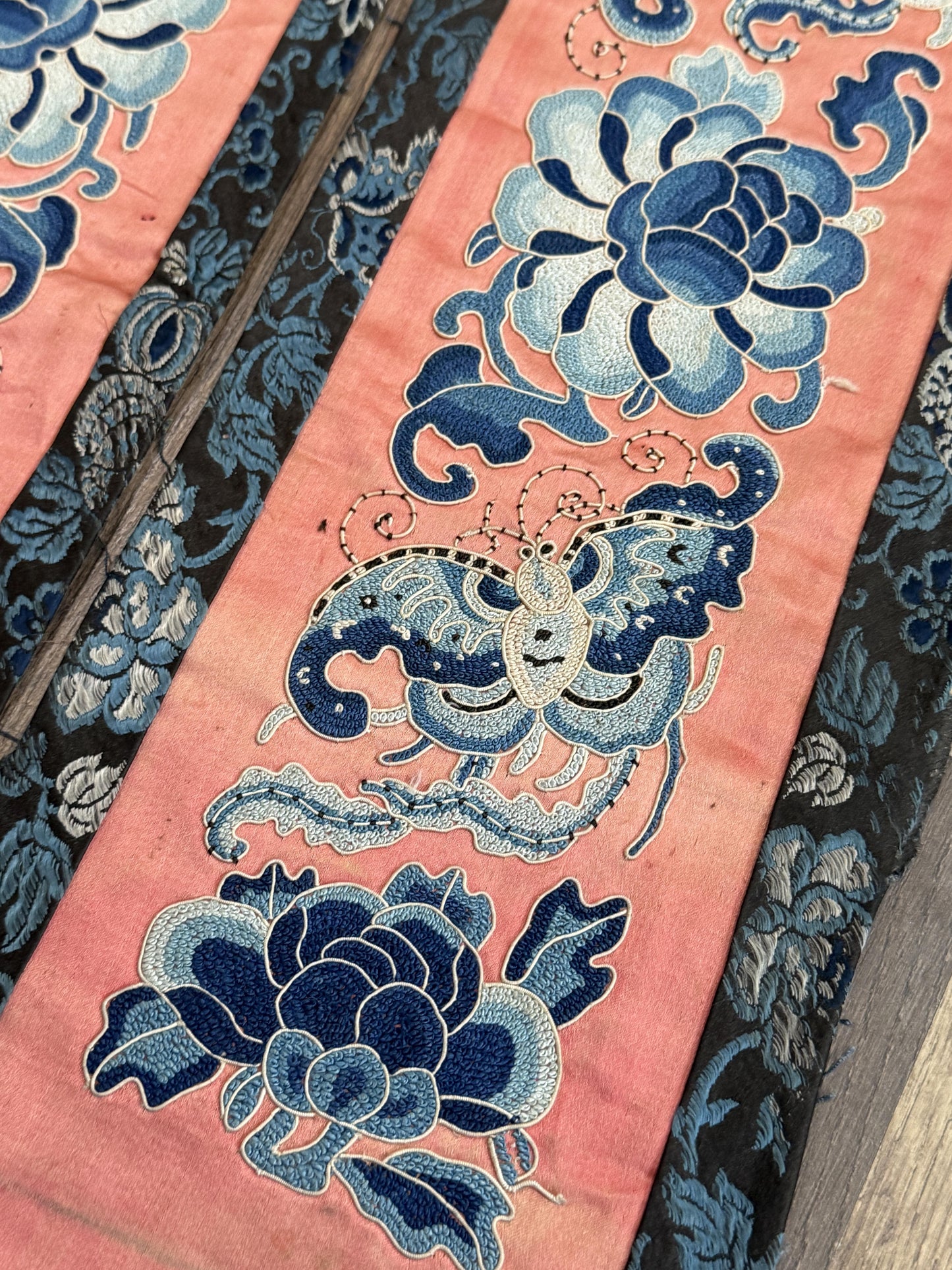Late Qing Dynasty Silk Embroidery Sleeve Cuffs on Salmon-Pink Satin