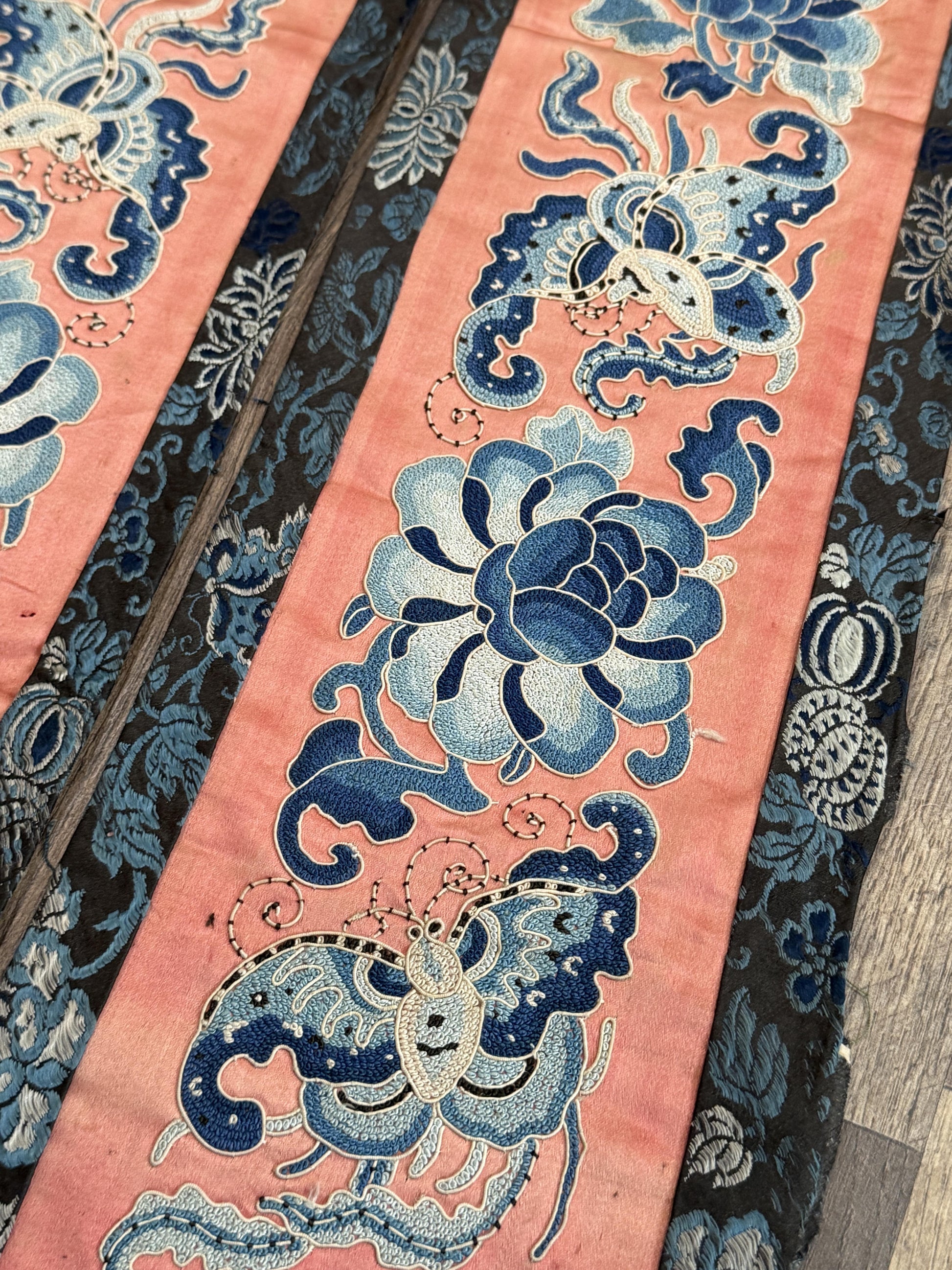 Late Qing Dynasty Silk Embroidery Sleeve Cuffs on Salmon-Pink Satin