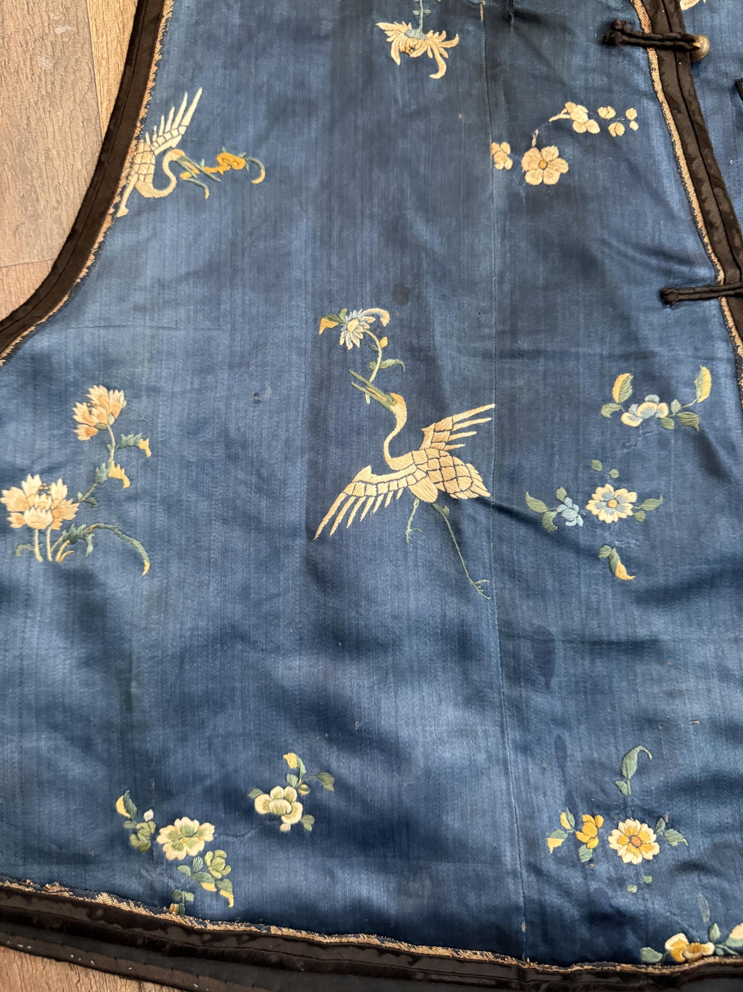 Late Qing Dynasty Silk Satin Vest with Crane and Floral Embroidery