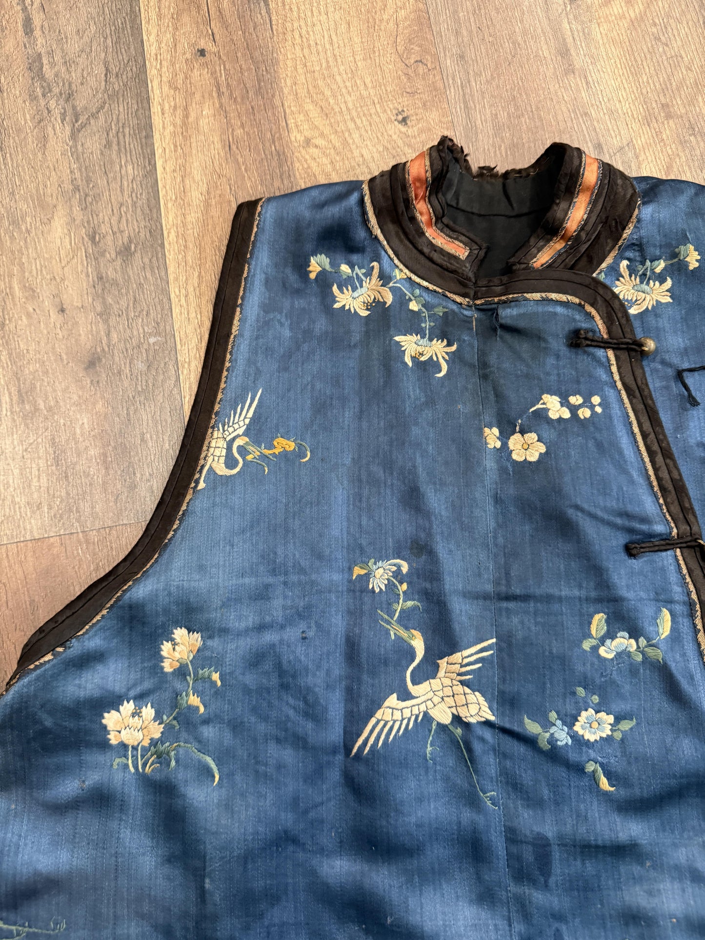 Late Qing Dynasty Silk Satin Vest with Crane and Floral Embroidery