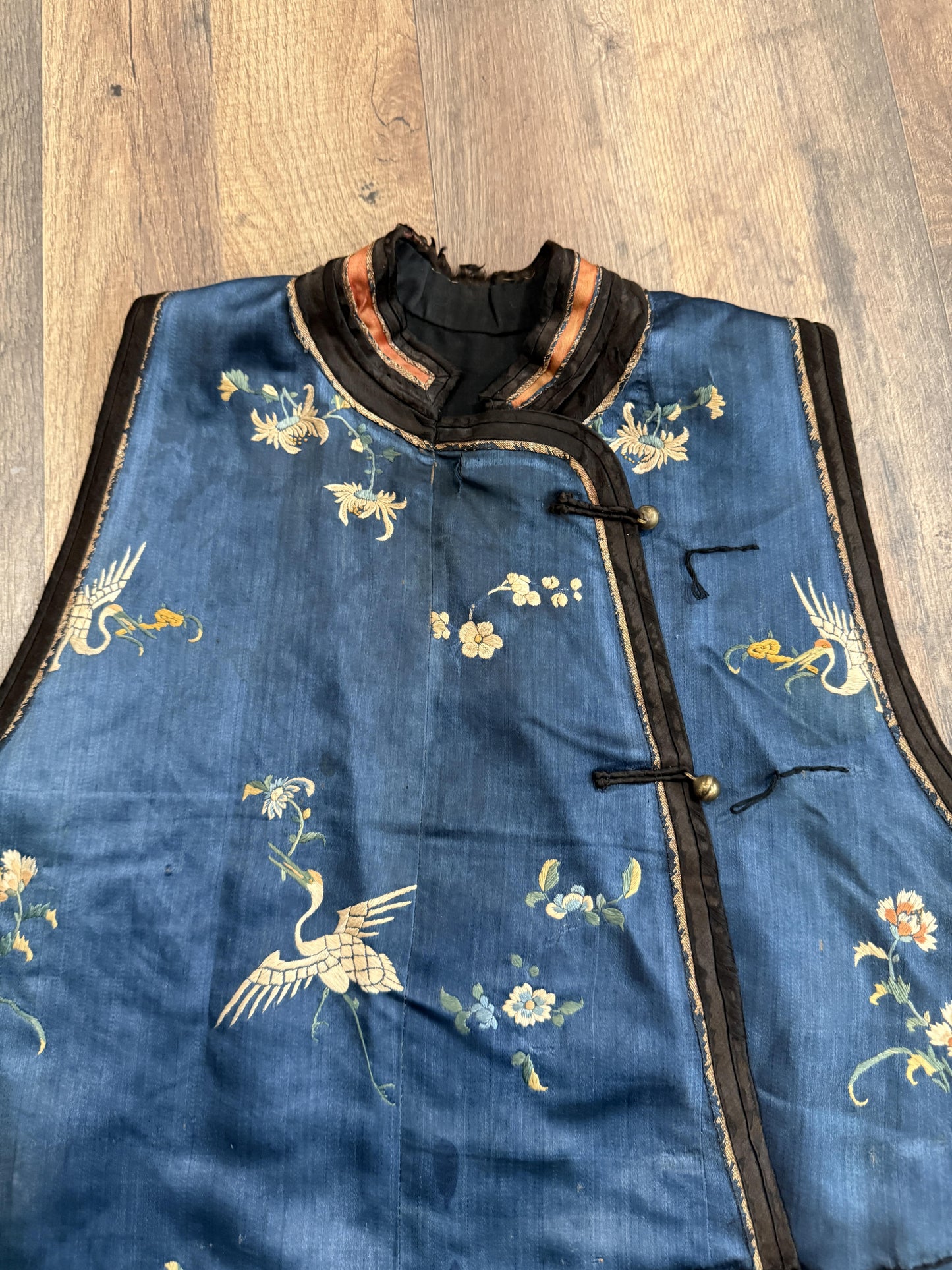 Late Qing Dynasty Silk Satin Vest with Crane and Floral Embroidery