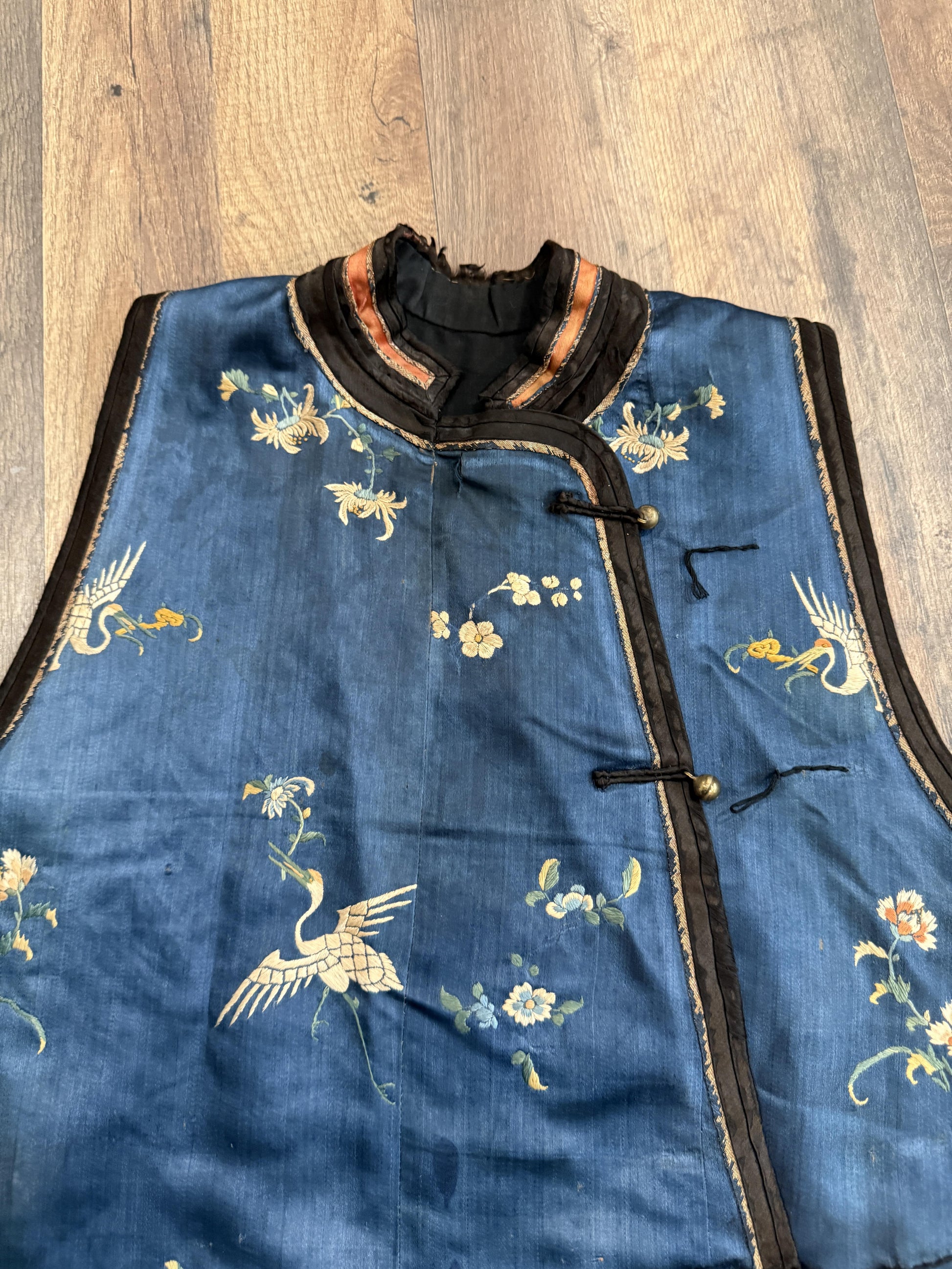 Late Qing Dynasty Silk Satin Vest with Crane and Floral Embroidery