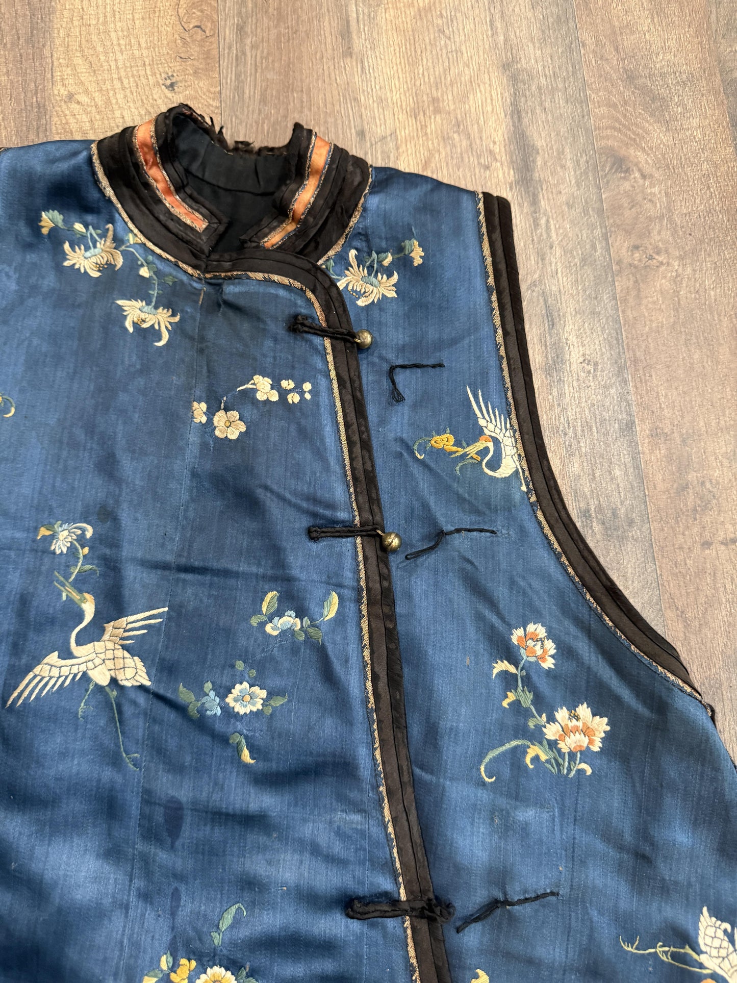 Late Qing Dynasty Silk Satin Vest with Crane and Floral Embroidery