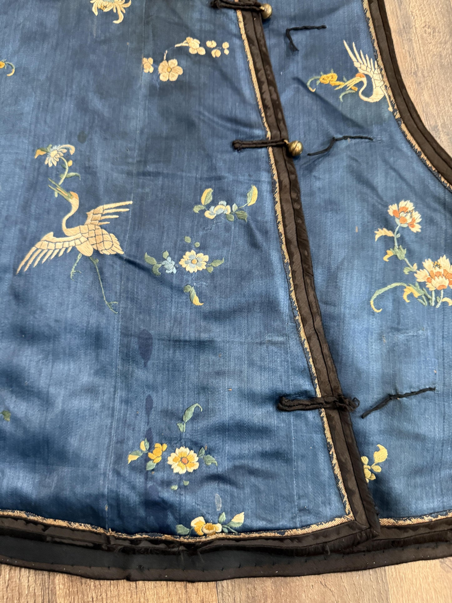 Late Qing Dynasty Silk Satin Vest with Crane and Floral Embroidery