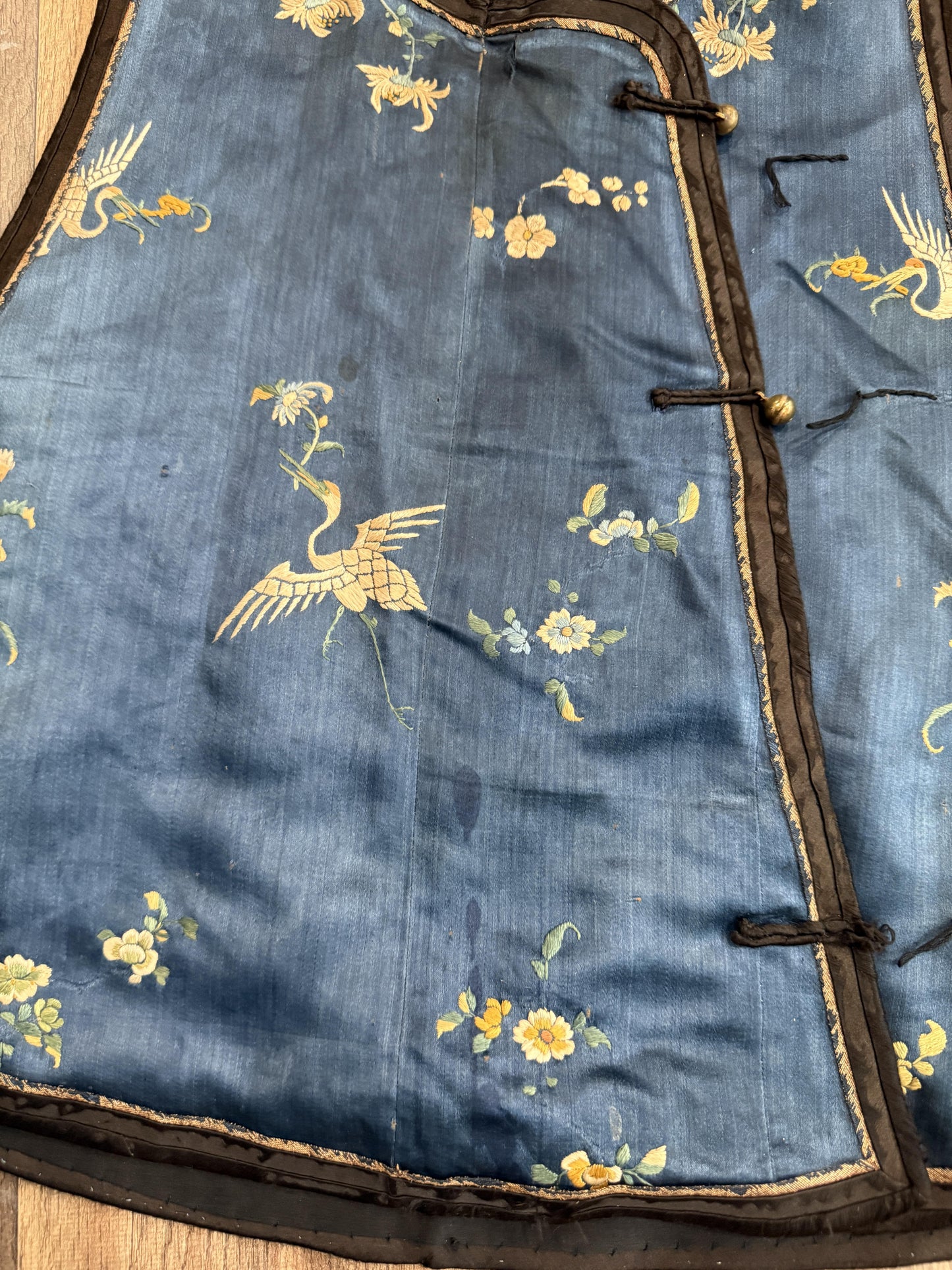 Late Qing Dynasty Silk Satin Vest with Crane and Floral Embroidery