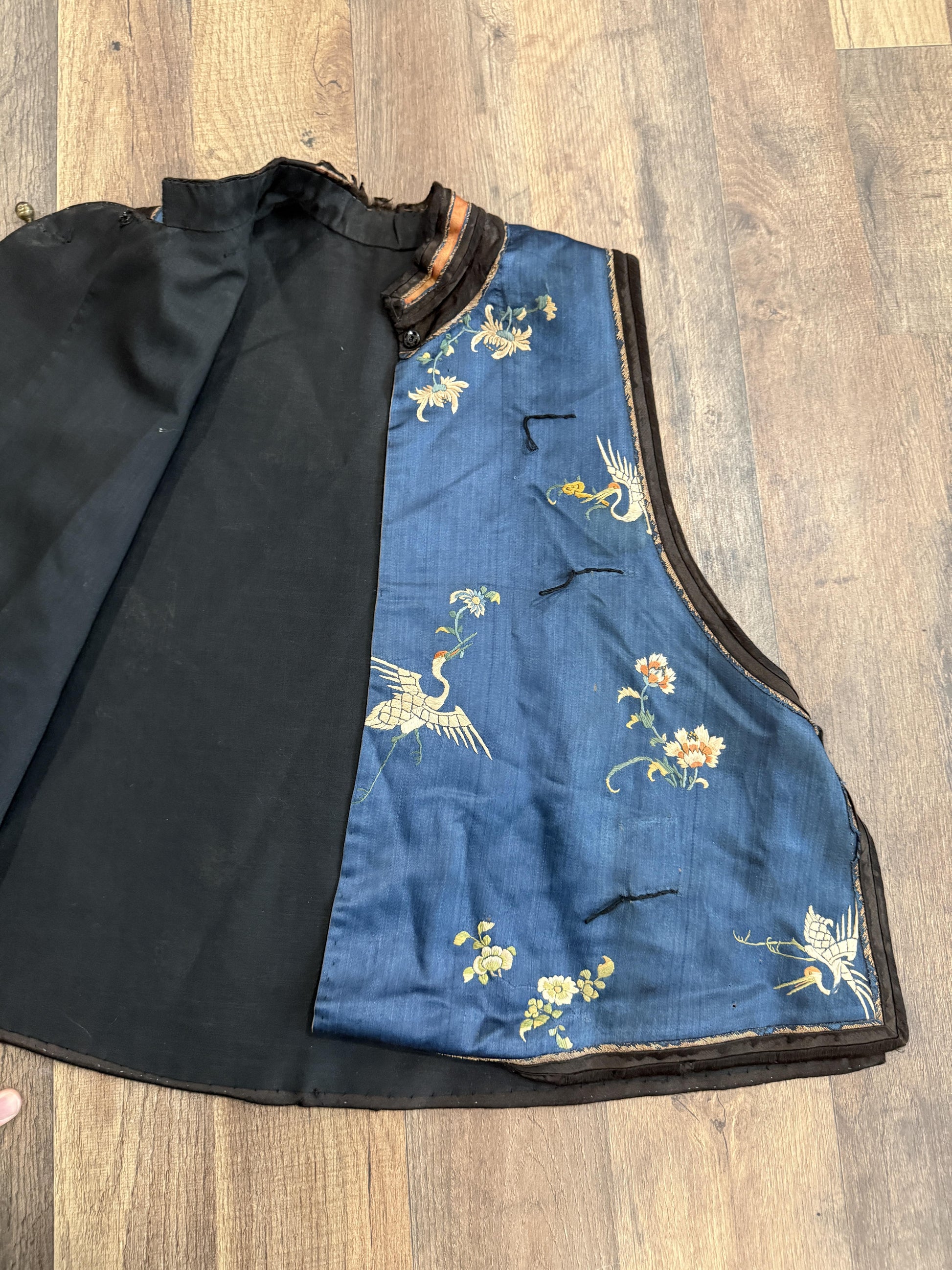 Late Qing Dynasty Silk Satin Vest with Crane and Floral Embroidery