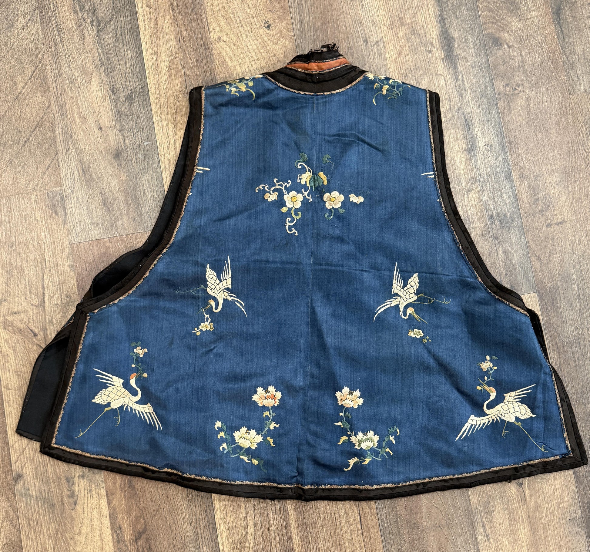 Late Qing Dynasty Silk Satin Vest with Crane and Floral Embroidery