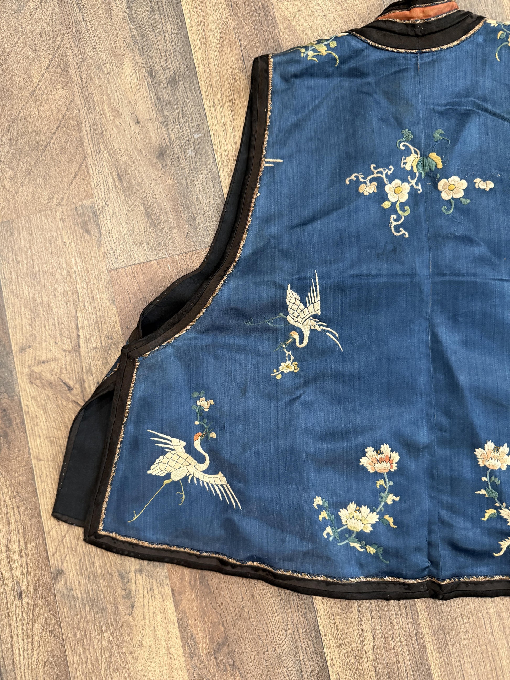 Late Qing Dynasty Silk Satin Vest with Crane and Floral Embroidery