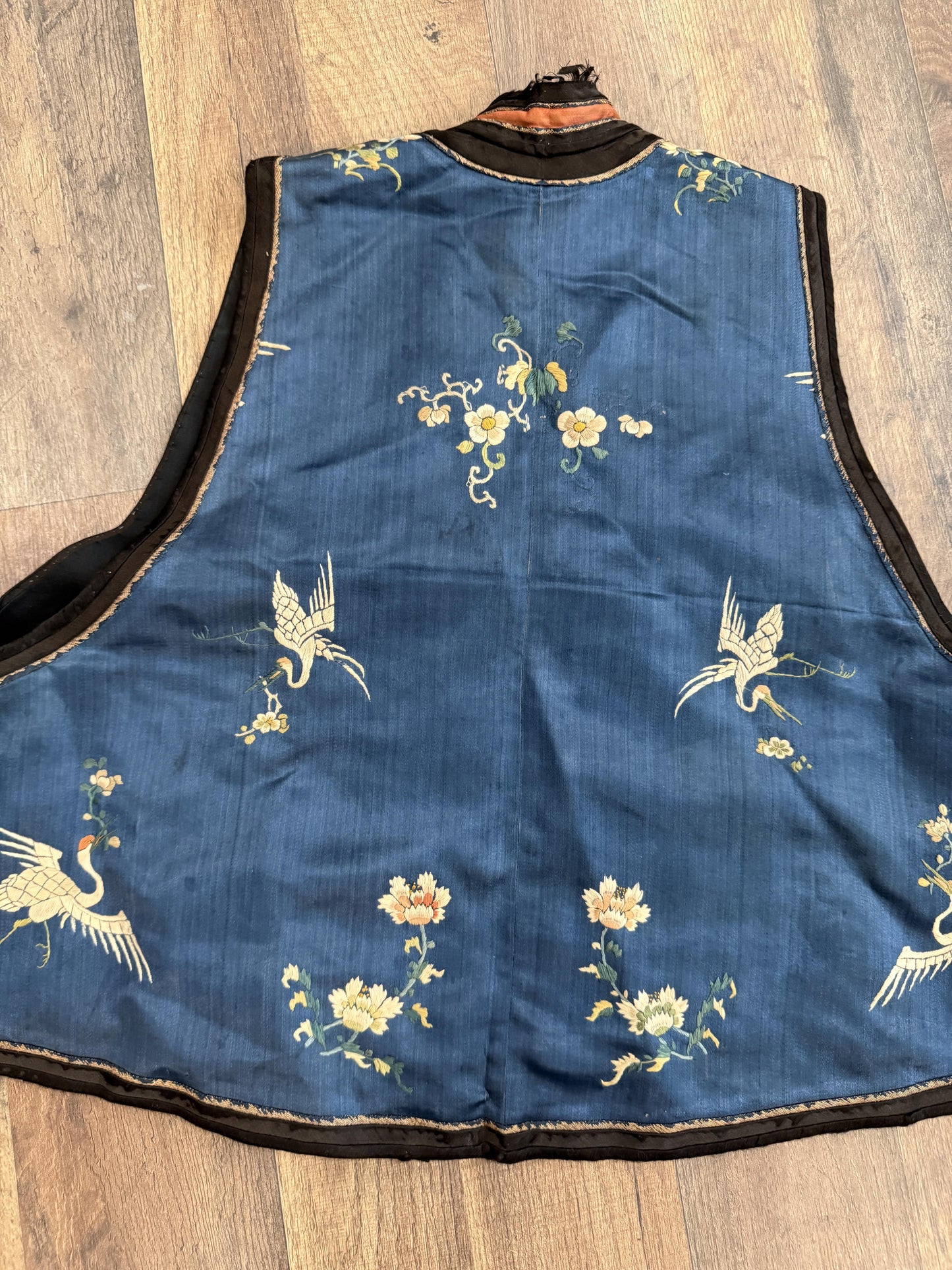Late Qing Dynasty Silk Satin Vest with Crane and Floral Embroidery