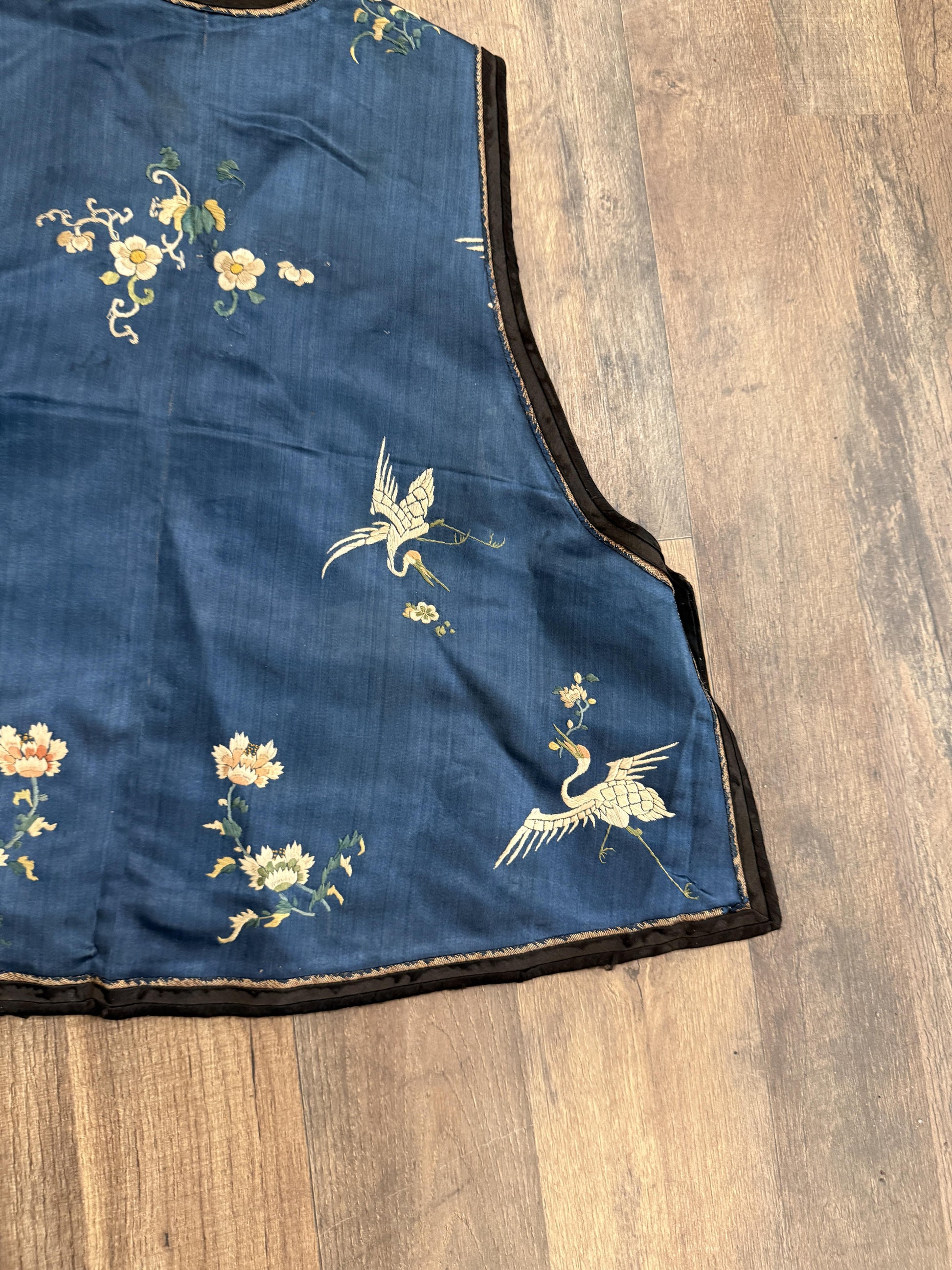 Late Qing Dynasty Silk Satin Vest with Crane and Floral Embroidery