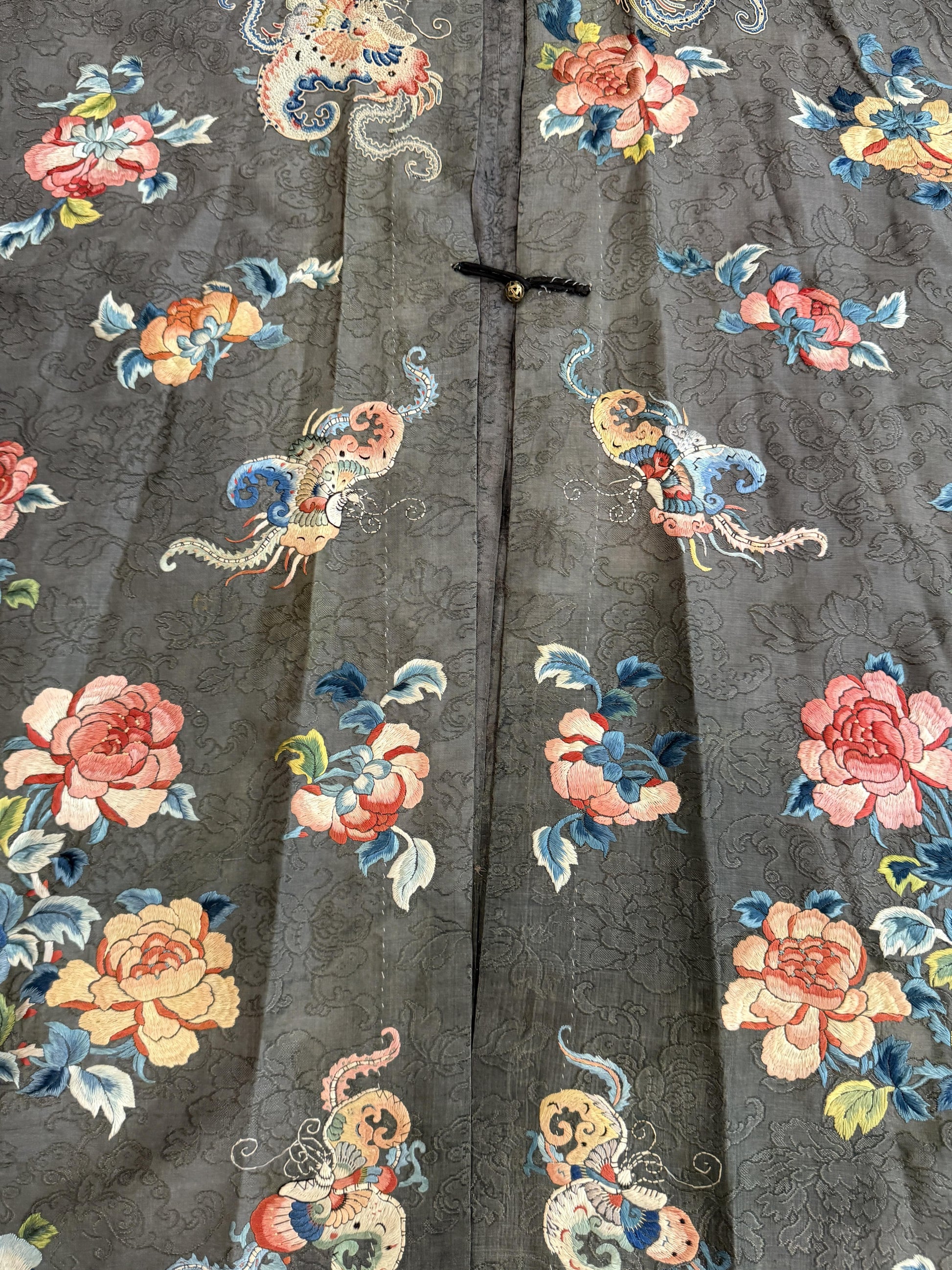 Late Qing Dynasty Silk Satin Robe with "Forbidden Stitch" and Narrative Roundels