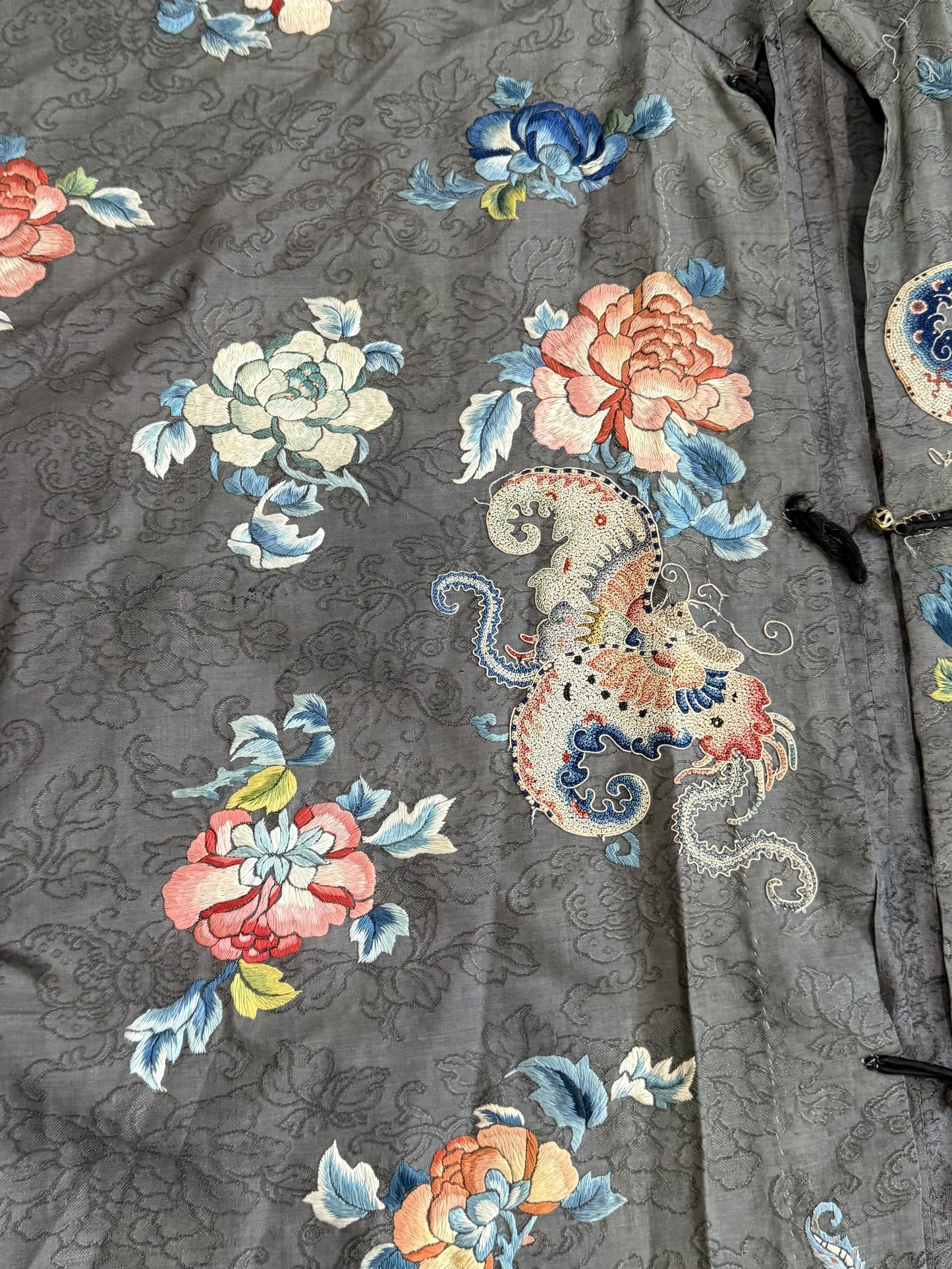 Late Qing Dynasty Silk Satin Robe with "Forbidden Stitch" and Narrative Roundels