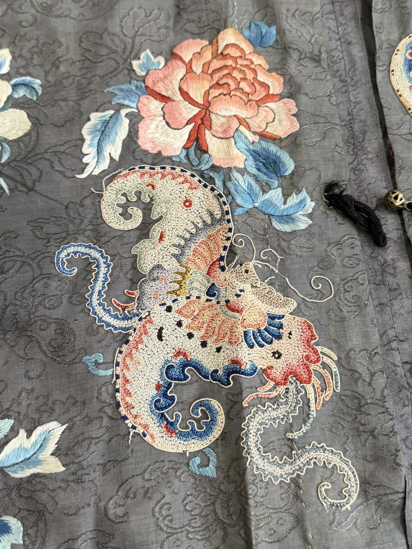 Late Qing Dynasty Silk Satin Robe with "Forbidden Stitch" and Narrative Roundels