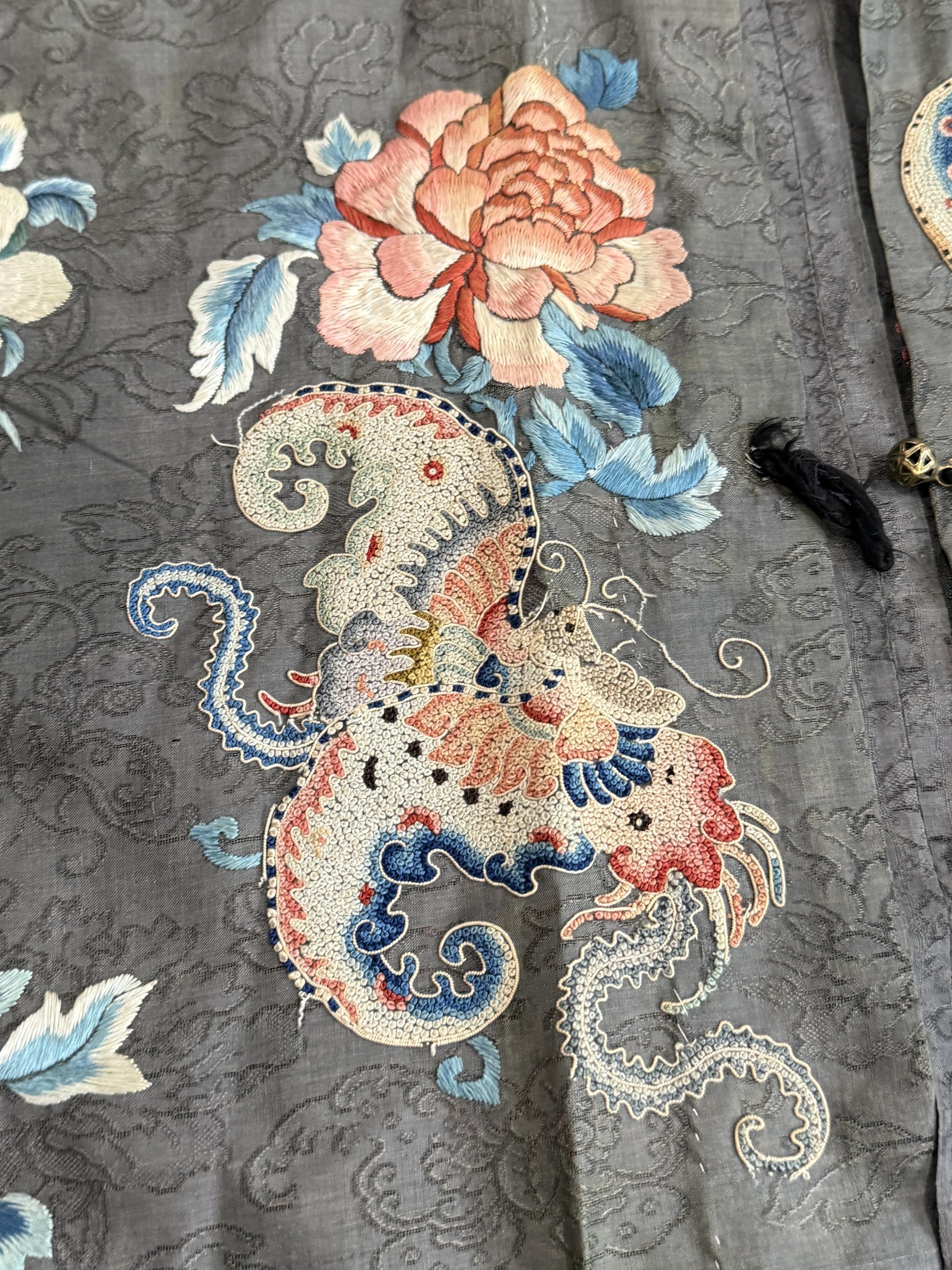 Late Qing Dynasty Silk Satin Robe with "Forbidden Stitch" and Narrative Roundels