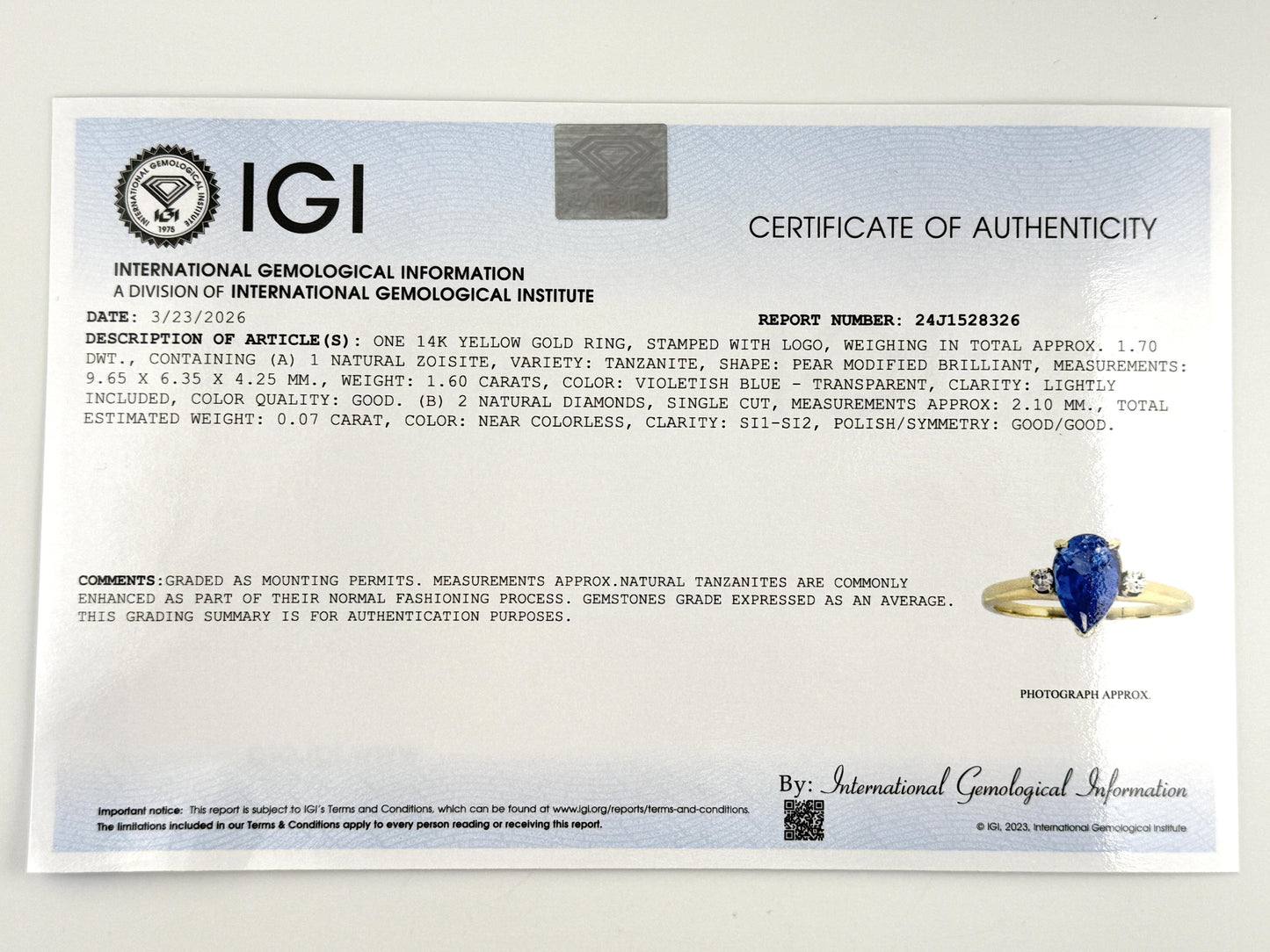 IGI Certified 1.60ct Natural Tanzanite & Diamond 14K Yellow Gold Ring | Size 7.5