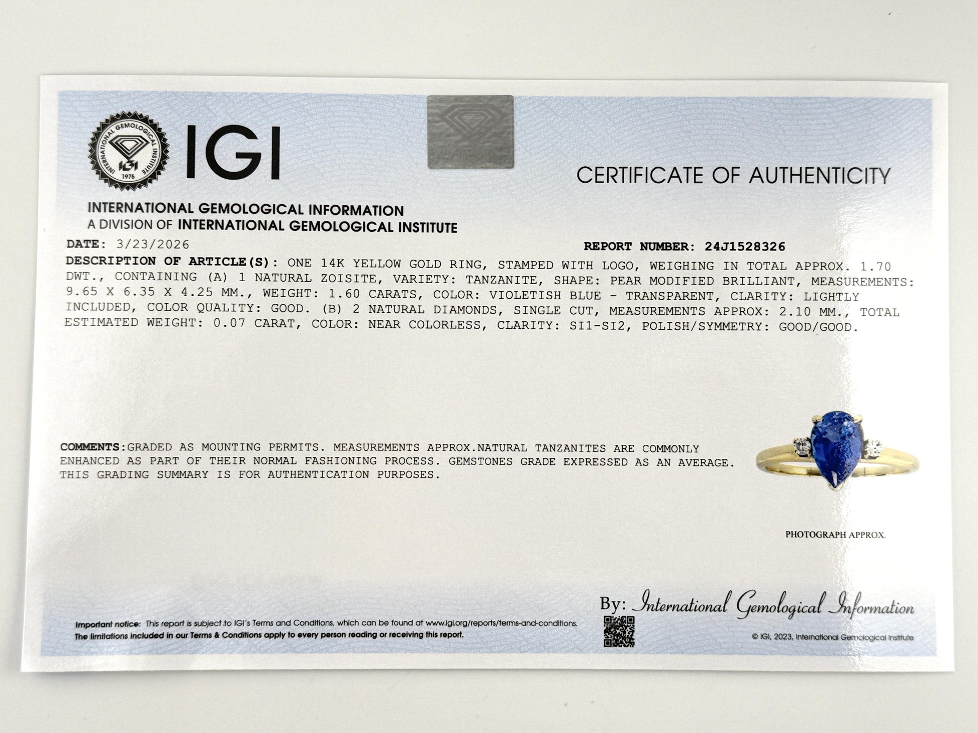 IGI Certified 1.60ct Natural Tanzanite & Diamond 14K Yellow Gold Ring | Size 7.5