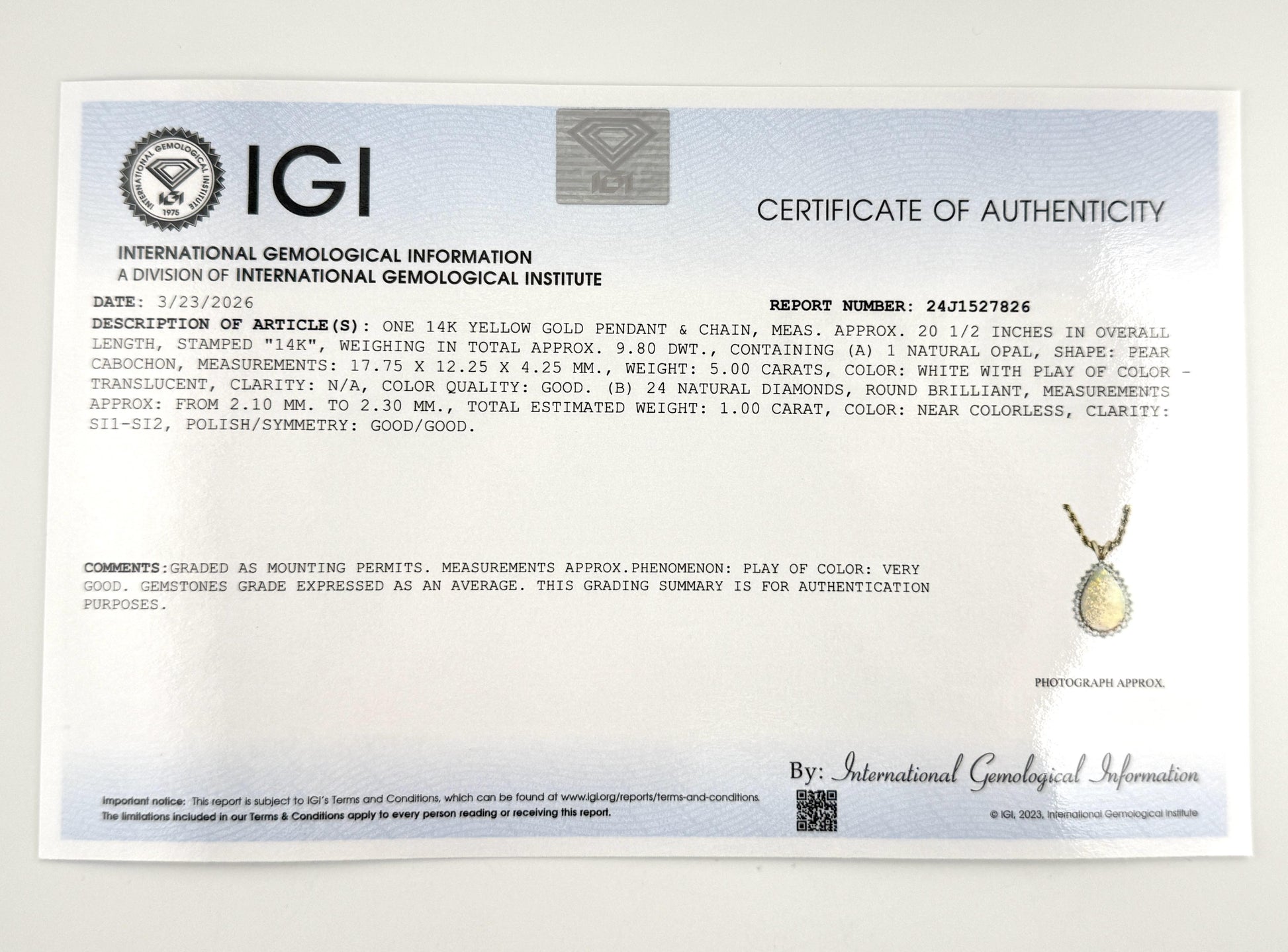 IGI Certified 6.00 TCW Natural Opal & Diamond Halo Necklace in 14K Yellow Gold