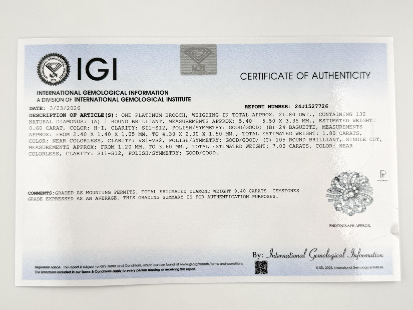 Estate Platinum & Diamond Masterpiece Brooch - 9.40 Carats - IGI Certified