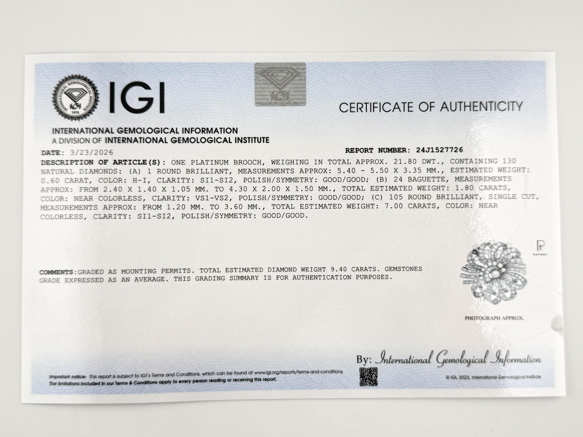 Estate Platinum & Diamond Masterpiece Brooch - 9.40 Carats - IGI Certified