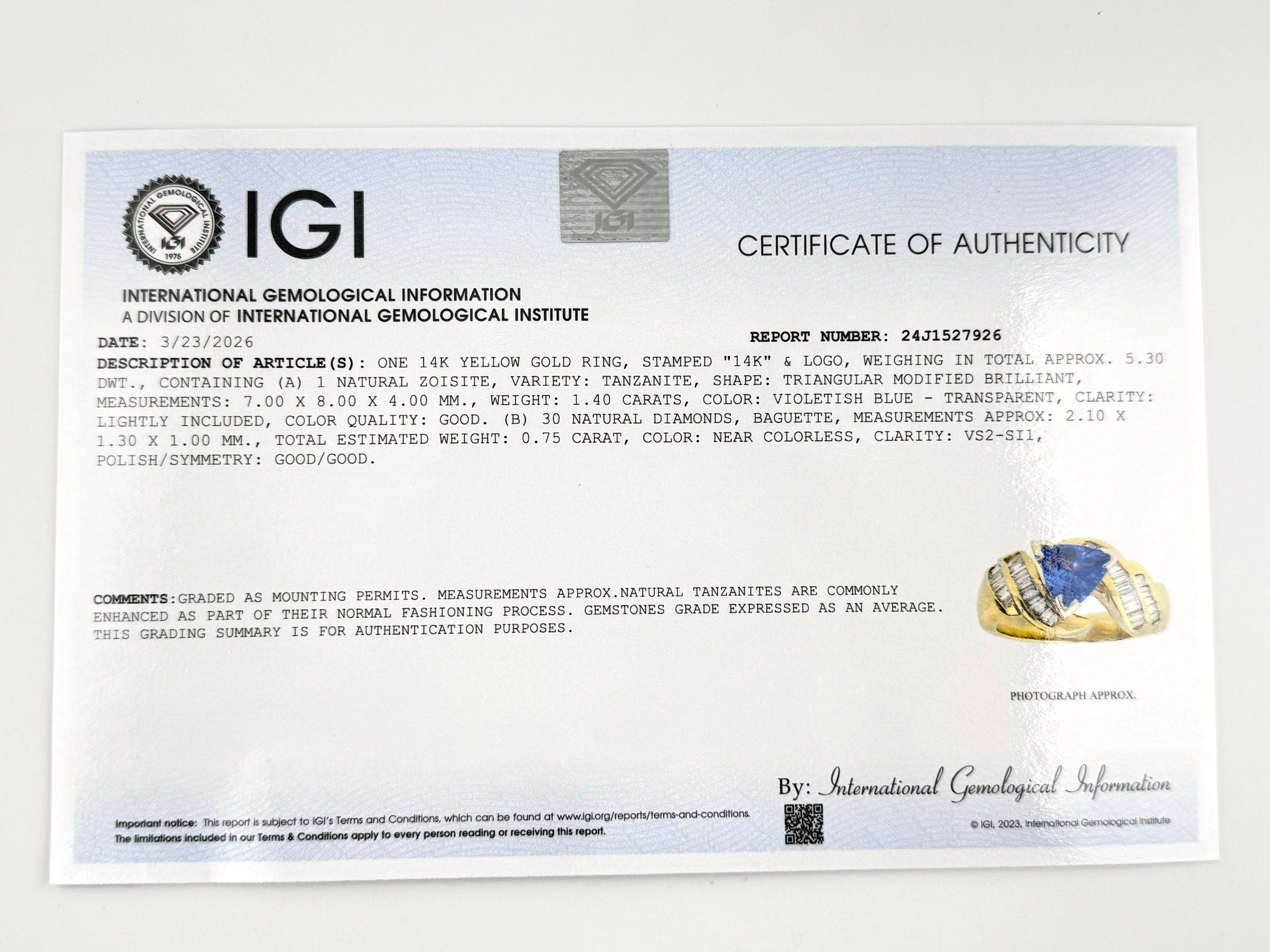IGA Certified 1.40ct Natural Tanzanite & 0.75ctw Diamond 14K Gold Ring | Size 6