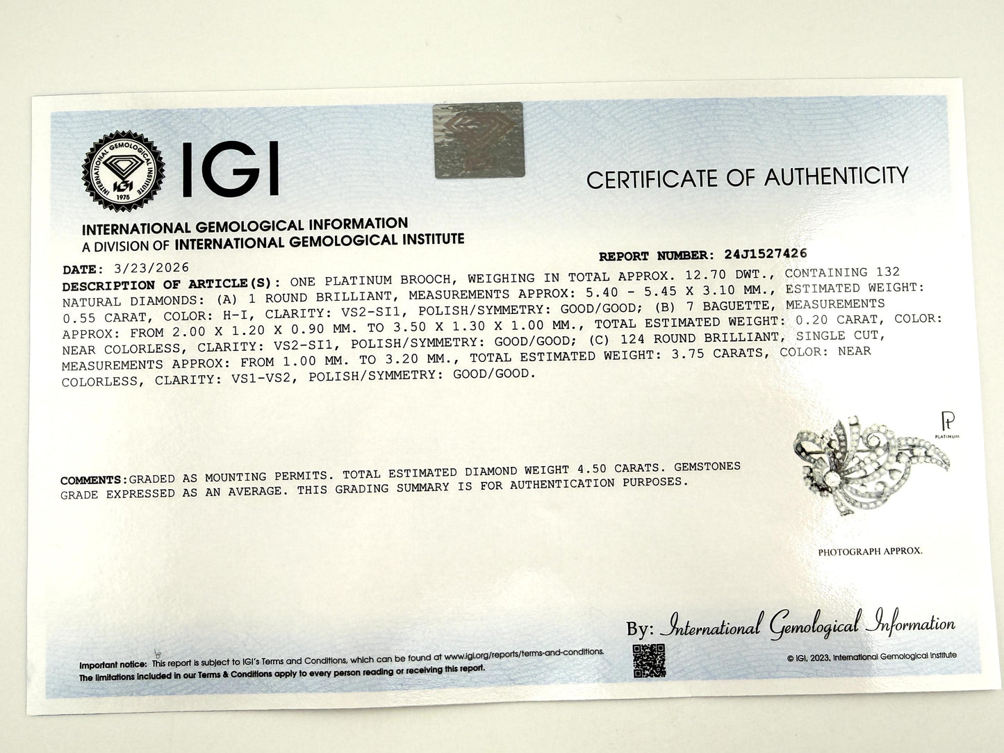 Impressive IGI Certified Platinum & 4.50 Carats Diamond Estate Brooch - 19.75g